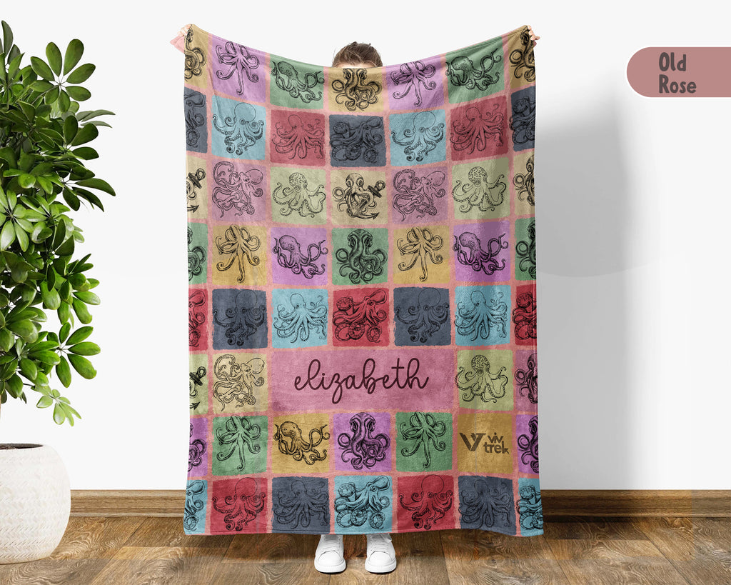 Custom Octopus Lover Blanket Personalized Name Retro Sea Animal Throw Cozy Ocean Creature Fleece Gift Marine Life Home Decor Accent