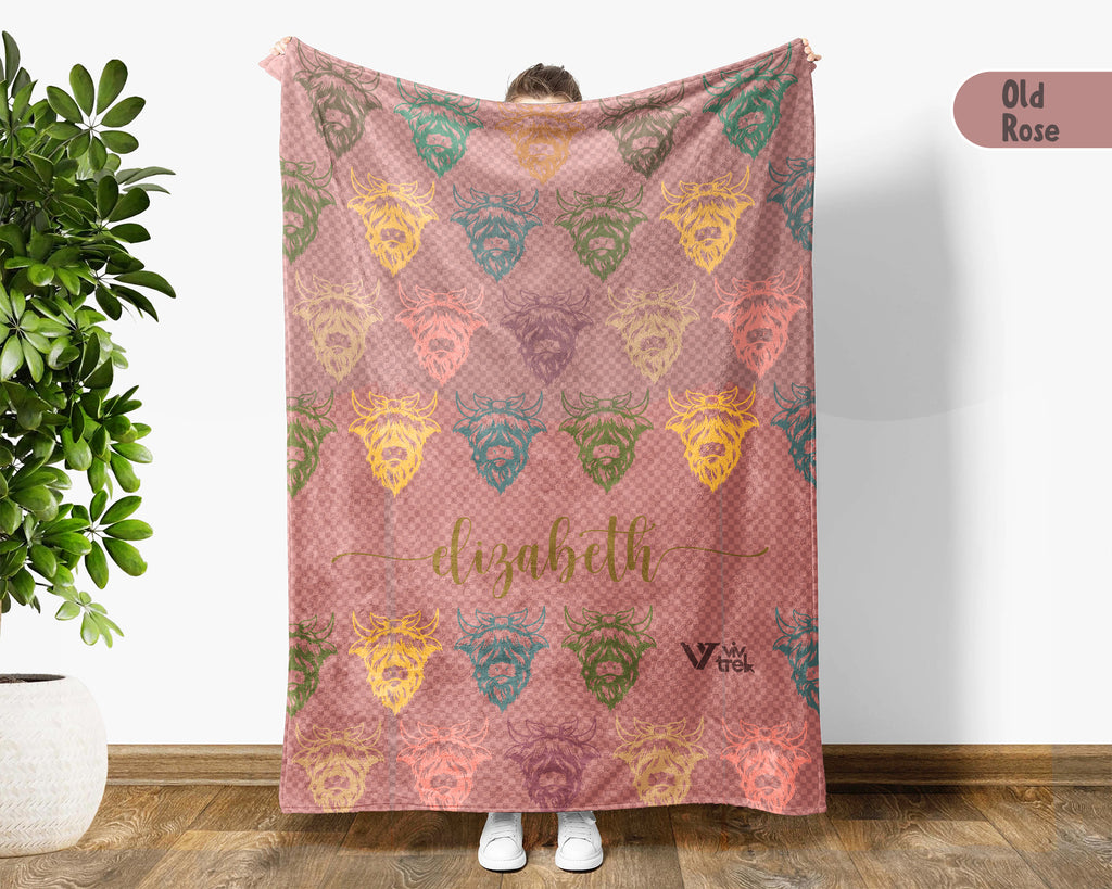 Custom Name Highland Cow Blanket Rustic Animal Throw Cozy Personalized Gift Soft Farmhouse Decor for Cow Lovers Home