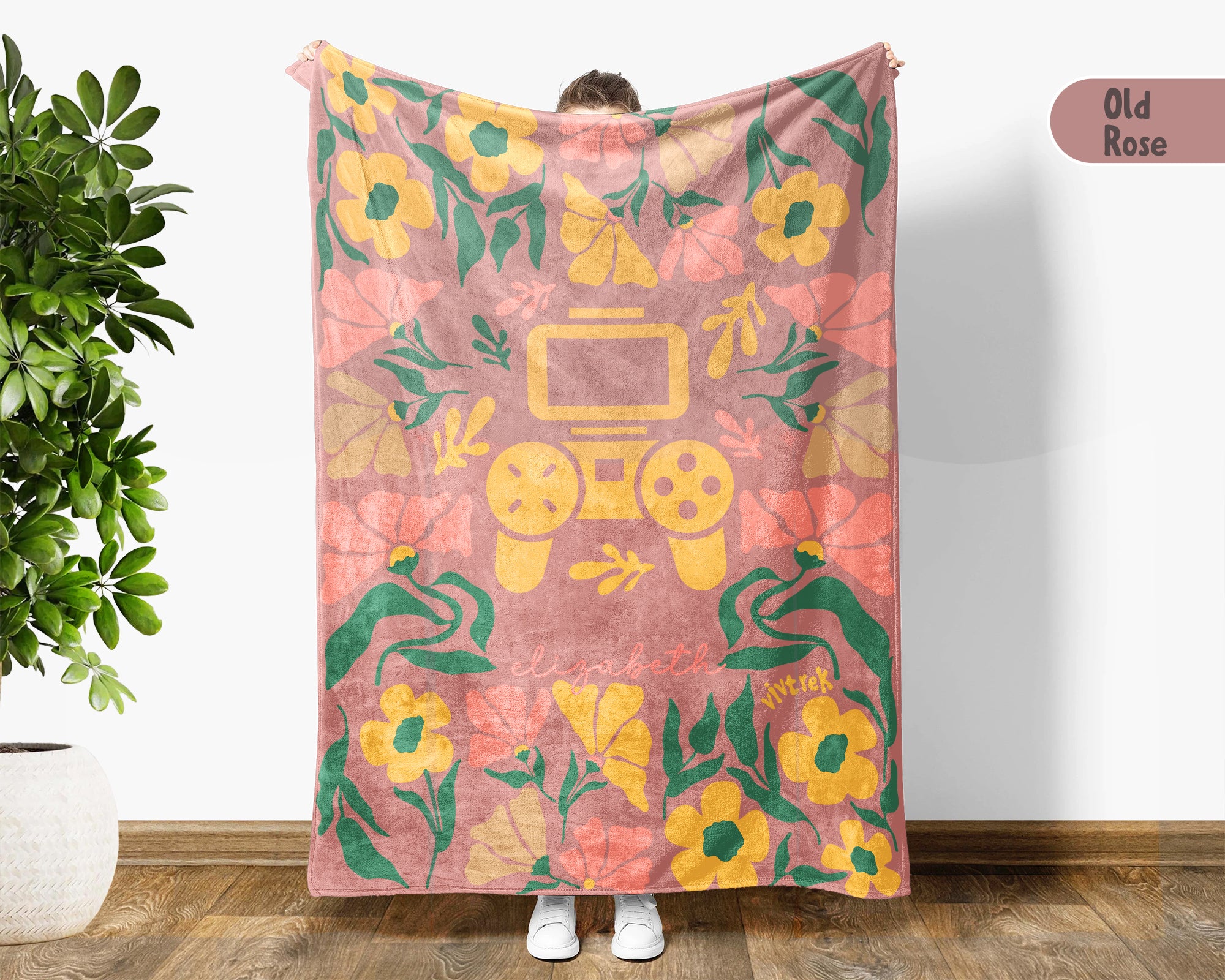 Floral Personalized Name Video Gaming Blanket with Custom Name, Cozy Floral Gamer Throw for Kids Teens Adults, Birthday Gift for Boys & Girls