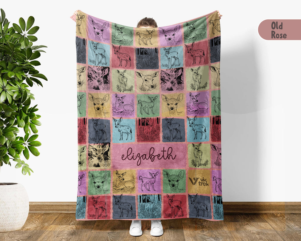 Custom Retro Baby Deer Blanket Personalized Name, Cute Fawn Wildlife Throw, Cozy Nature Gift for Kids Teens Adults