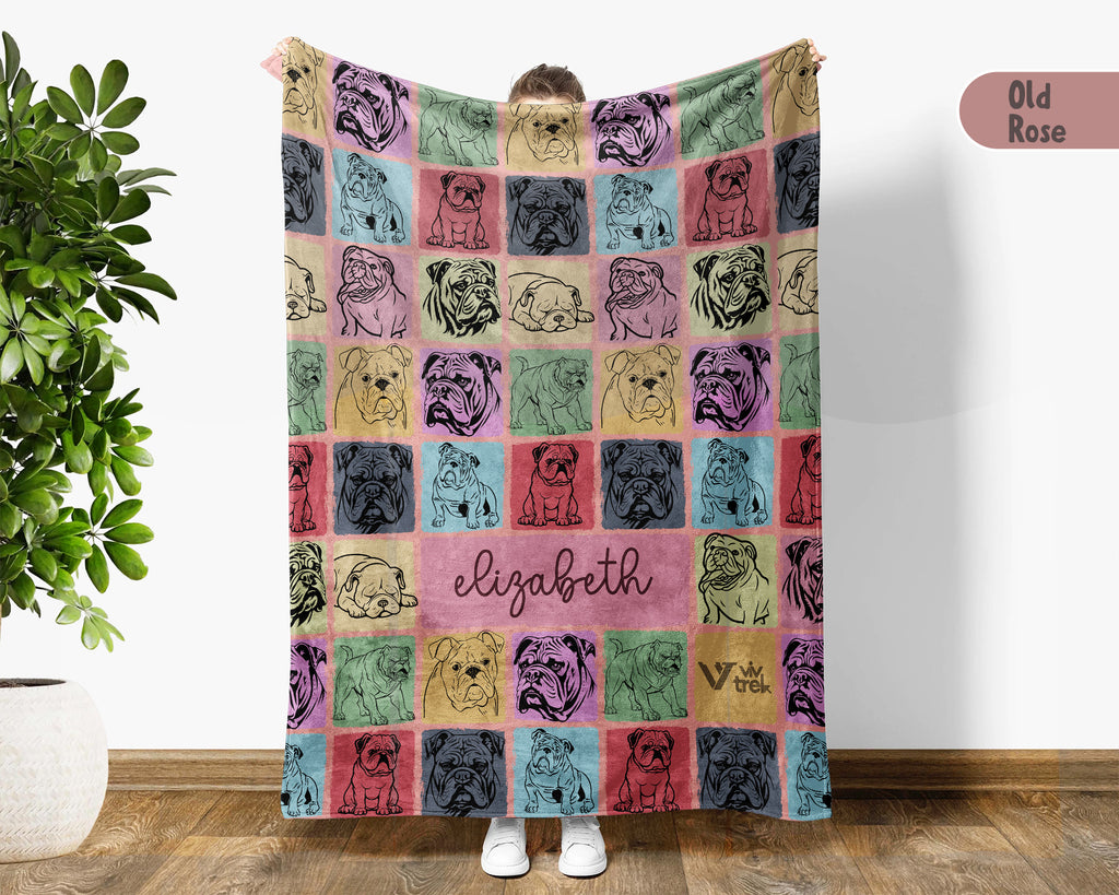 Personalized Bulldog Lover Blanket – Custom Name Vintage Dog Throw