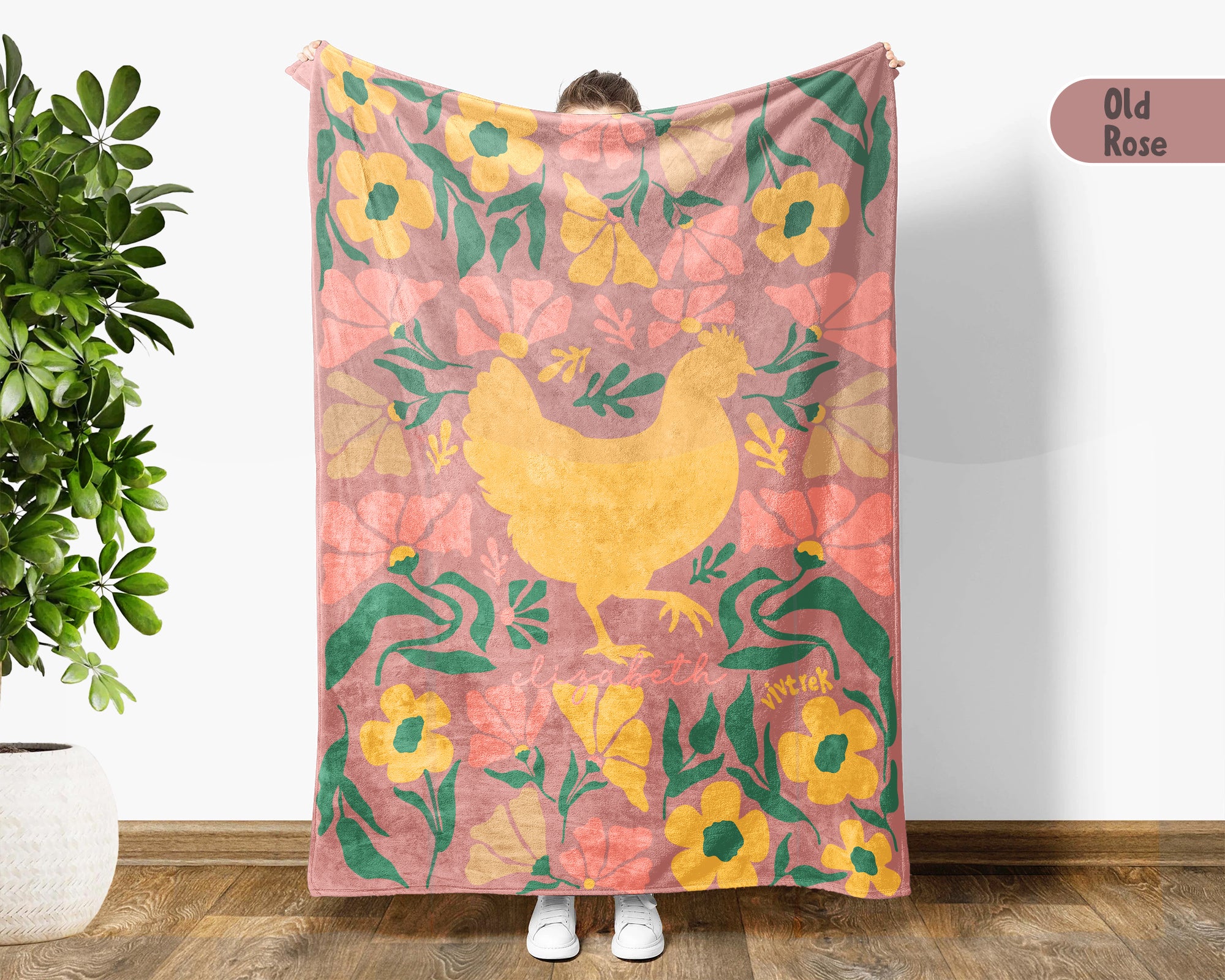 Floral Personalized Chicken Blanket with Custom Name, Cozy Floral Throw for Kids Teens Adults, Chicken Lover Farm Gift