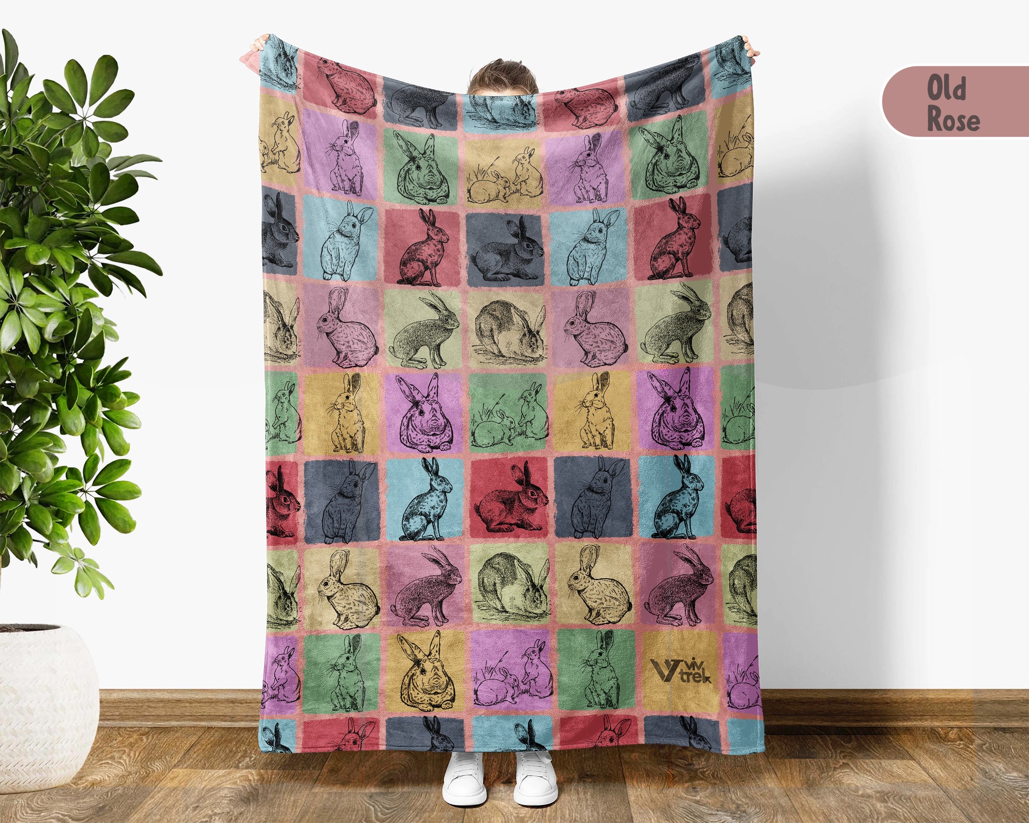Vintage Rabbit Bunny Blanket Cozy Bunny Graphic Throw Fleece Blanket Cute Animal Lover Gift Unique Home Decor Idea for Bedroom Couch