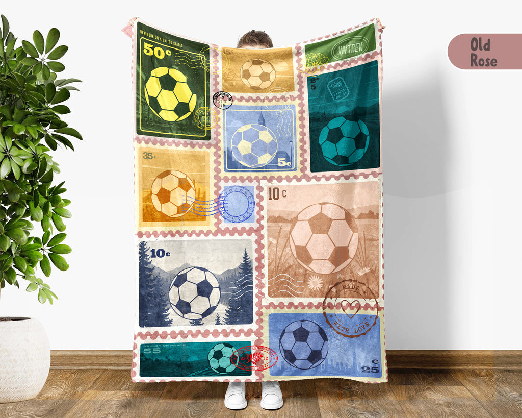 Soccer Lover Blanket Gift, Soccer Stamp Throw for Players, Cozy Unique Football Fan Decor, Cool Sports Graphic Blanket, Soccer Room Accent