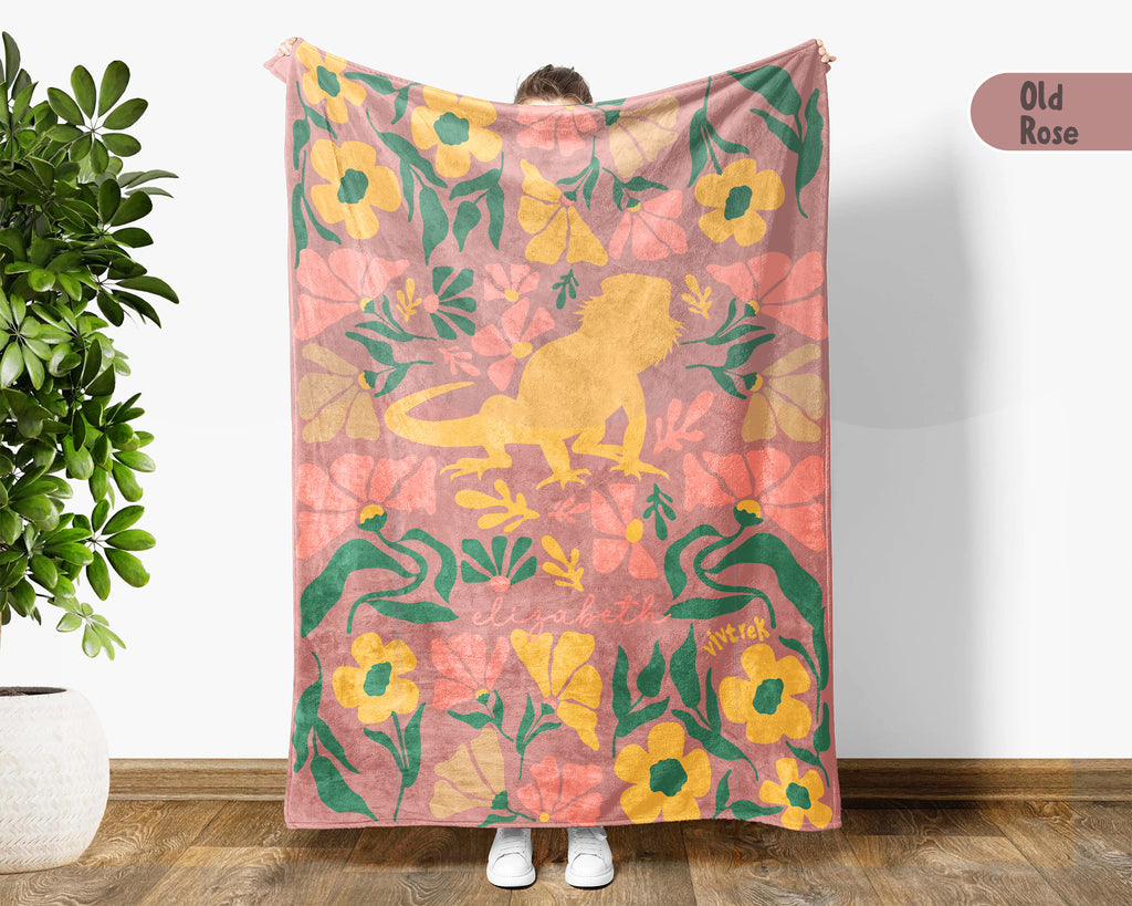 Floral Custom Name Bearded Dragon Blanket, Cozy Floral Lizard Throw for Kids Teens Adults, Cute Reptile Lover Gift