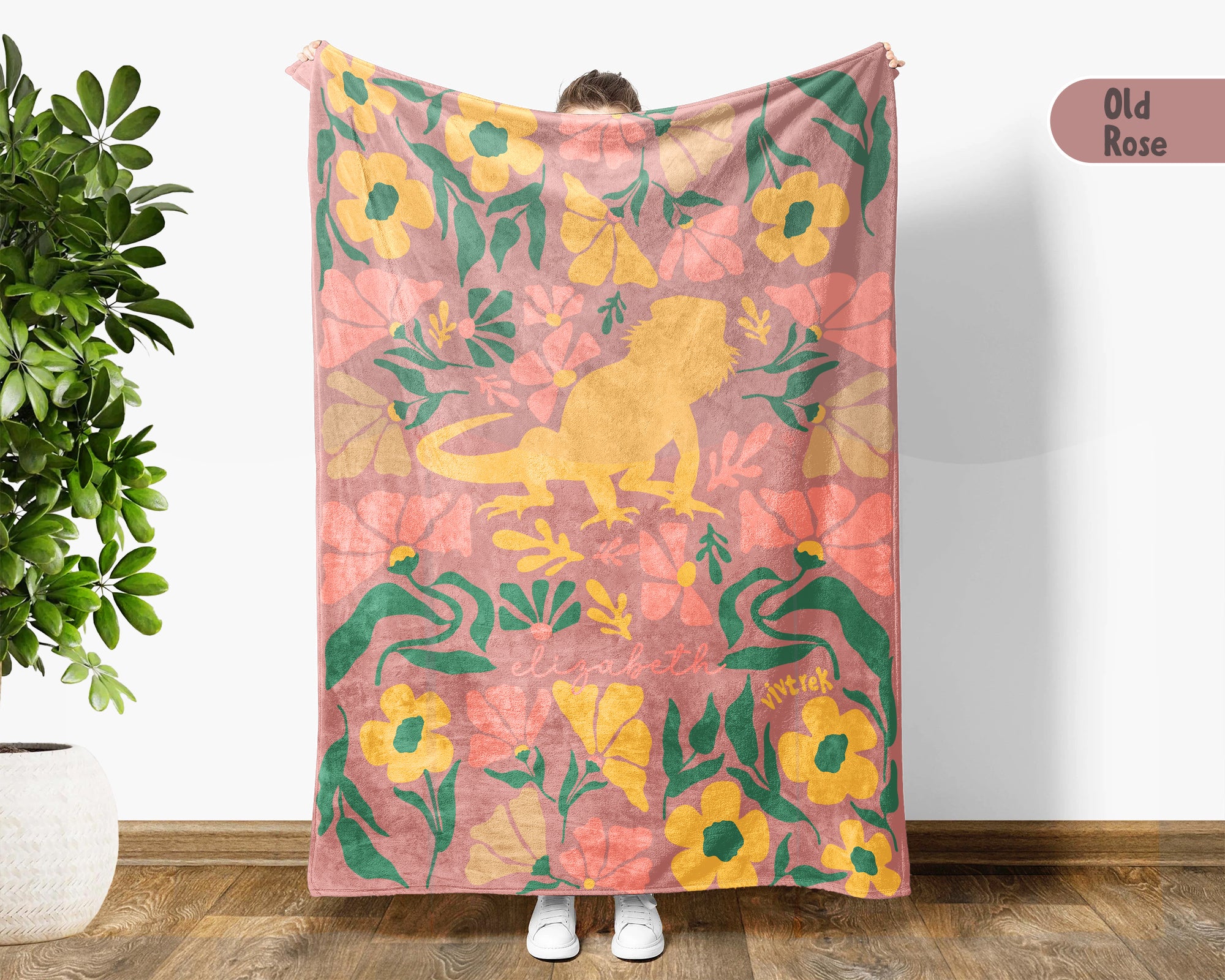 Floral Custom Name Bearded Dragon Blanket, Cozy Floral Lizard Throw for Kids Teens Adults, Cute Reptile Lover Gift