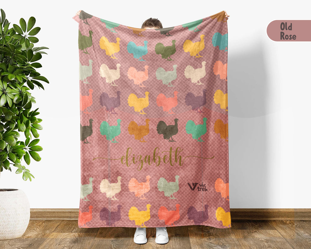 Custom Name Retro Turkey Blanket, Personalized Thanksgiving Throw for Cozy Fall Decor and Seasonal Holiday Gifts