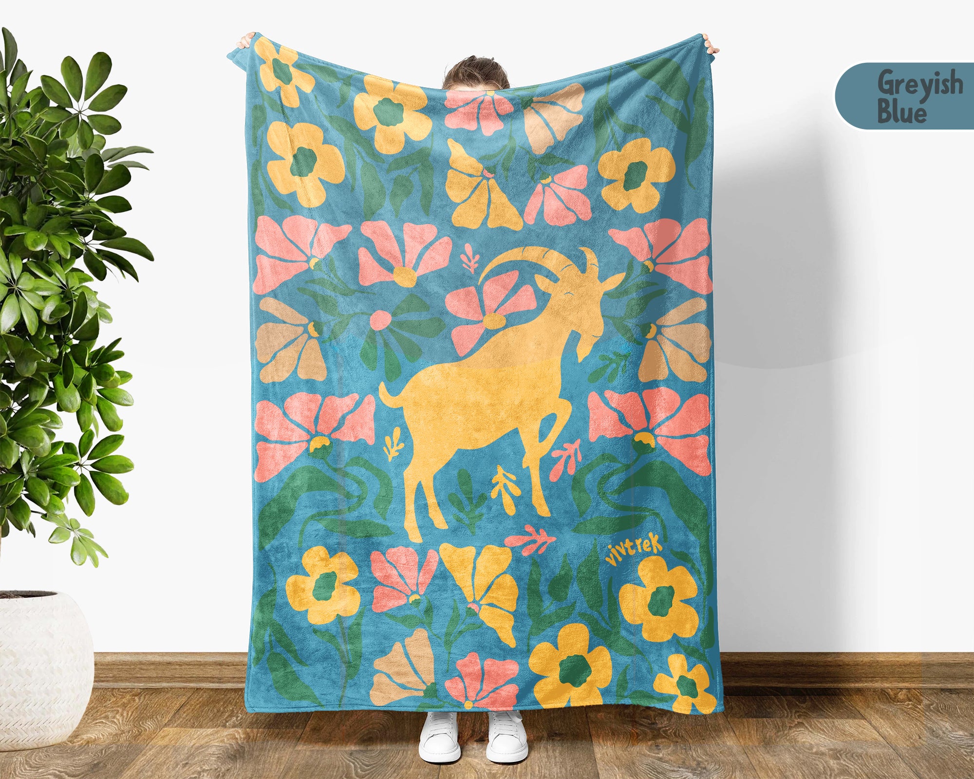 Floral Goat Blanket – Cozy Retro Farm Animal Throw for Home