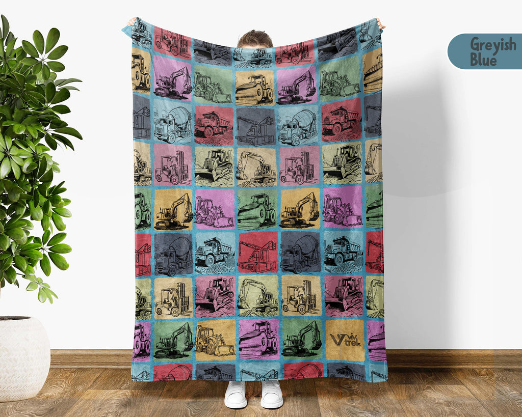 Construction Equipment Blanket, Kids Truck Throw, Bulldozer Crane Loader Cozy Blanket, Heavy Machinery Gift for Boys Girls