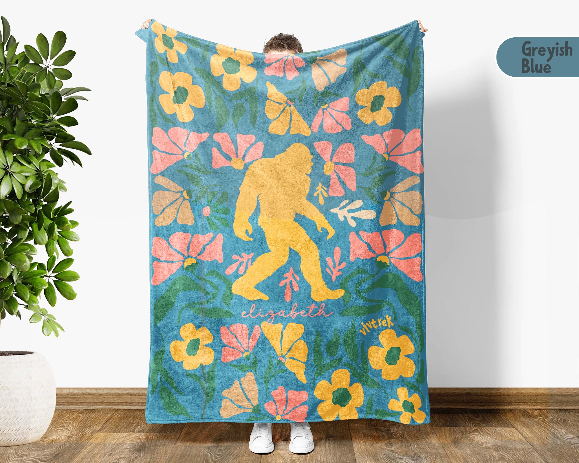 Custom Name Floral Bigfoot Blanket, Cozy Sasquatch Throw Gift for Fans