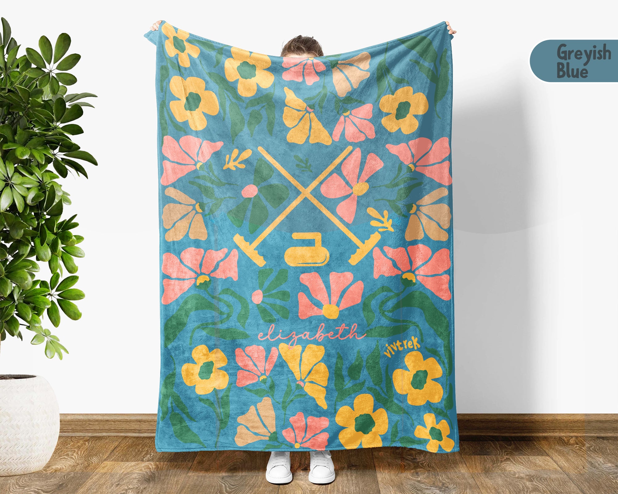 Floral Curling Blanket with Custom Name, Cozy Curling Throw Gift for Kids Teens Adults, Perfect Birthday Sports Present