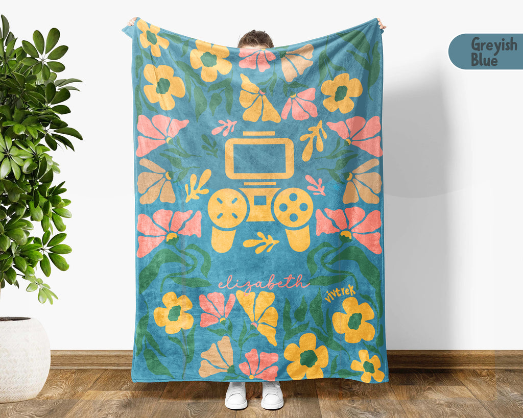 Floral Personalized Name Video Gaming Blanket with Custom Name, Cozy Floral Gamer Throw for Kids Teens Adults, Birthday Gift for Boys & Girls