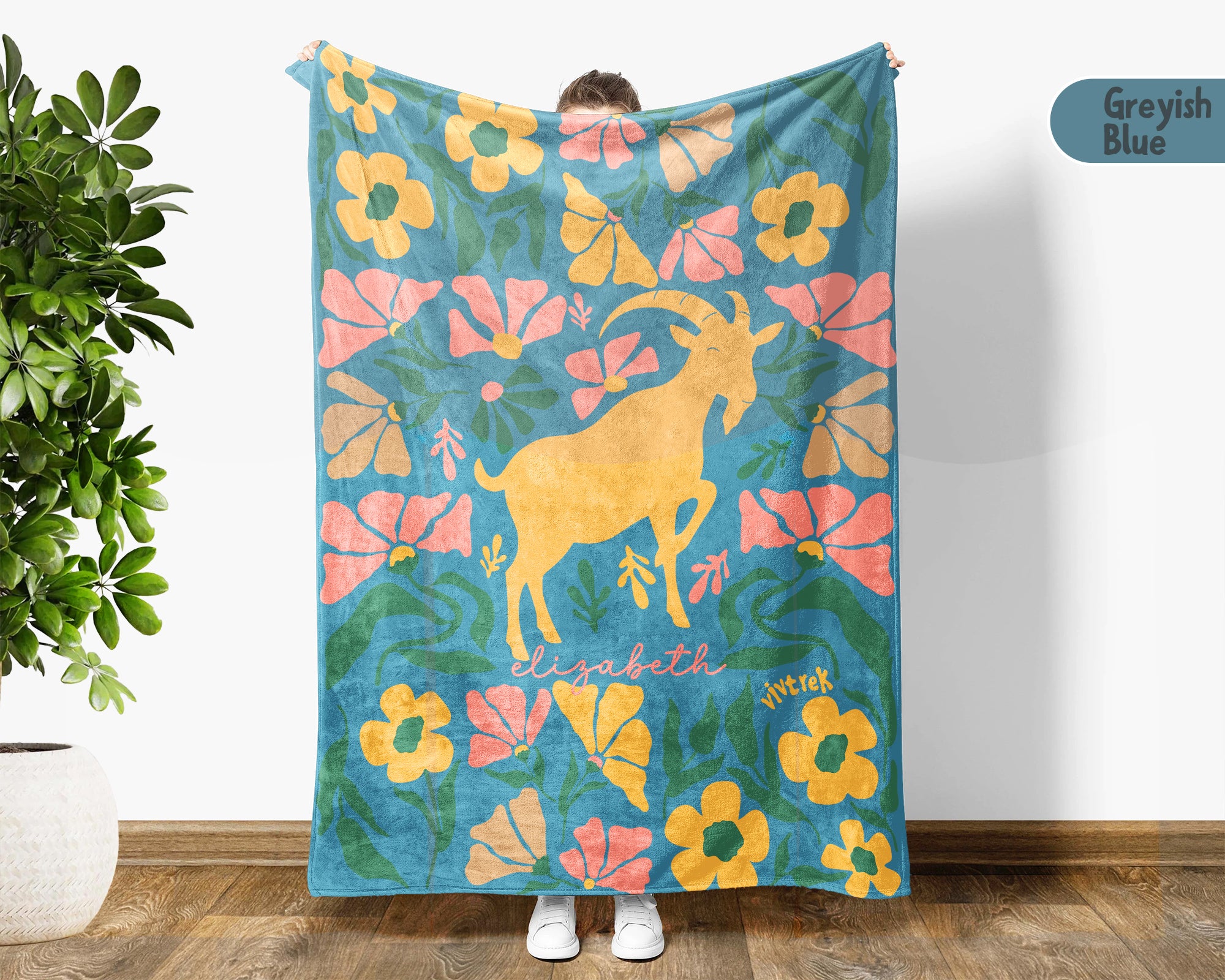 Personalized Floral Goat Blanket with Custom Name, Cozy Floral Goat Throw Gift for Kids Teens Adults, Farm Animal Lover Birthday Gift