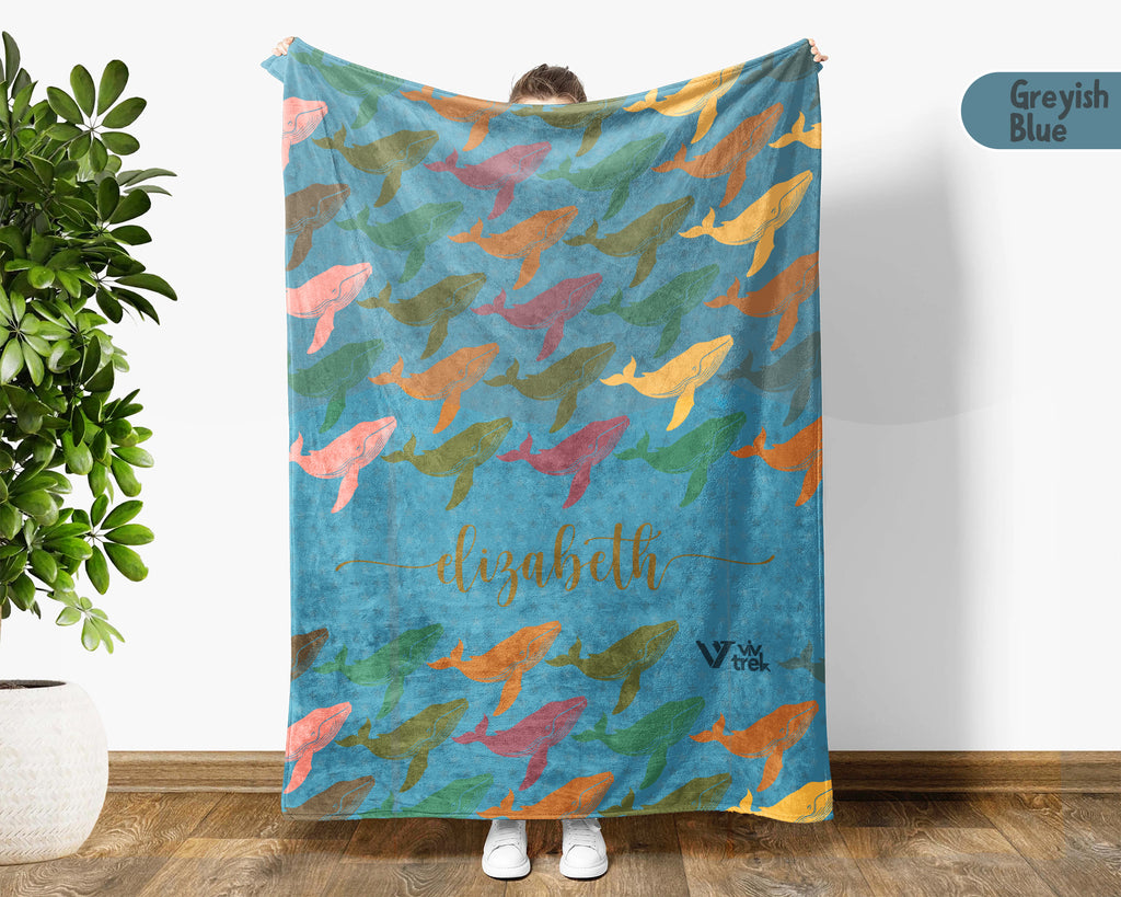 Personalized Whale Blanket Custom Name Ocean Lover Throw Retro Sea Life Decor Cozy Nautical Gift Unique Home Accent Idea