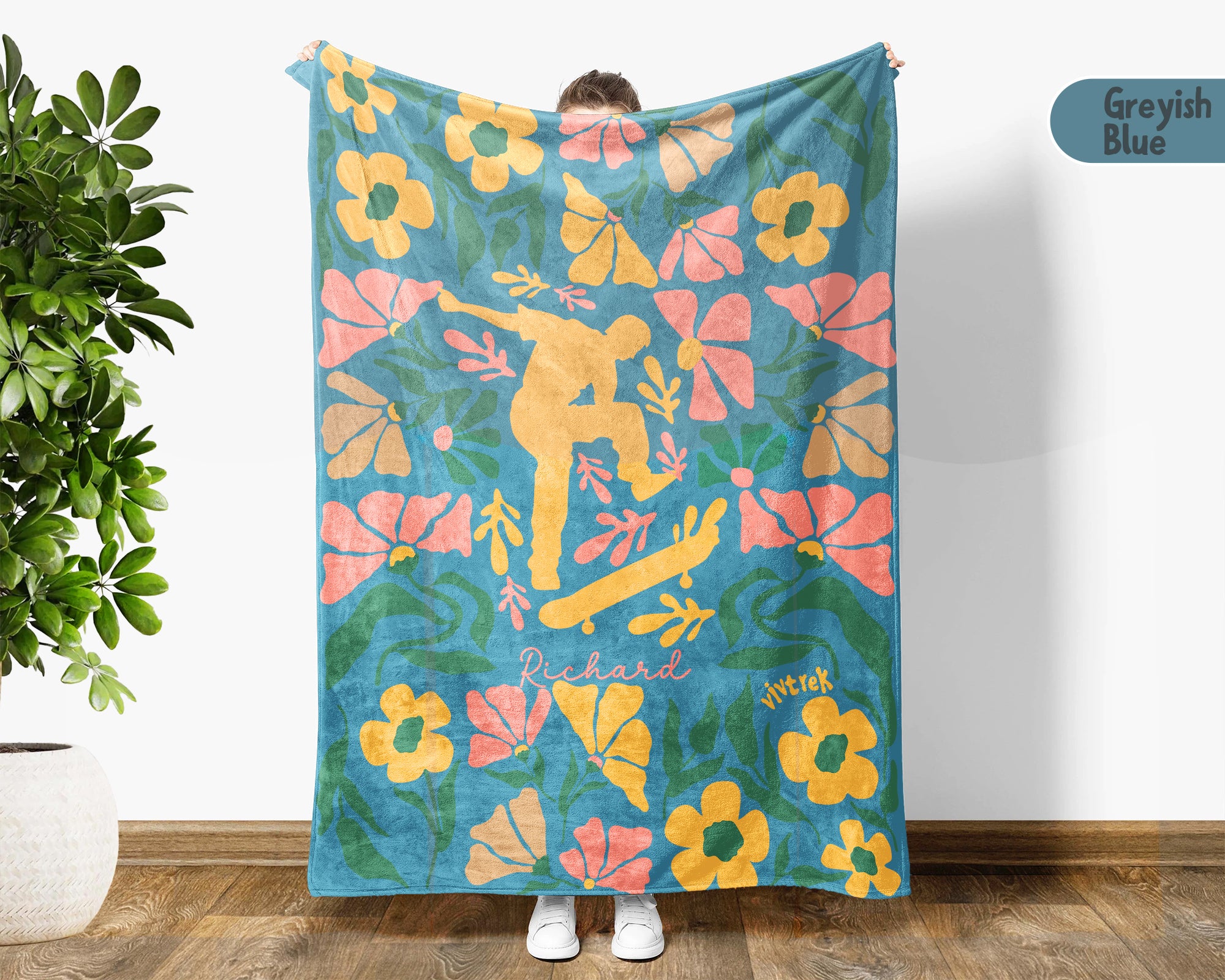 Personalized Name Skateboarding Floral Blanket, Custom Name Skater Throw, Cozy Cool Skateboard Gift for Skate Lovers