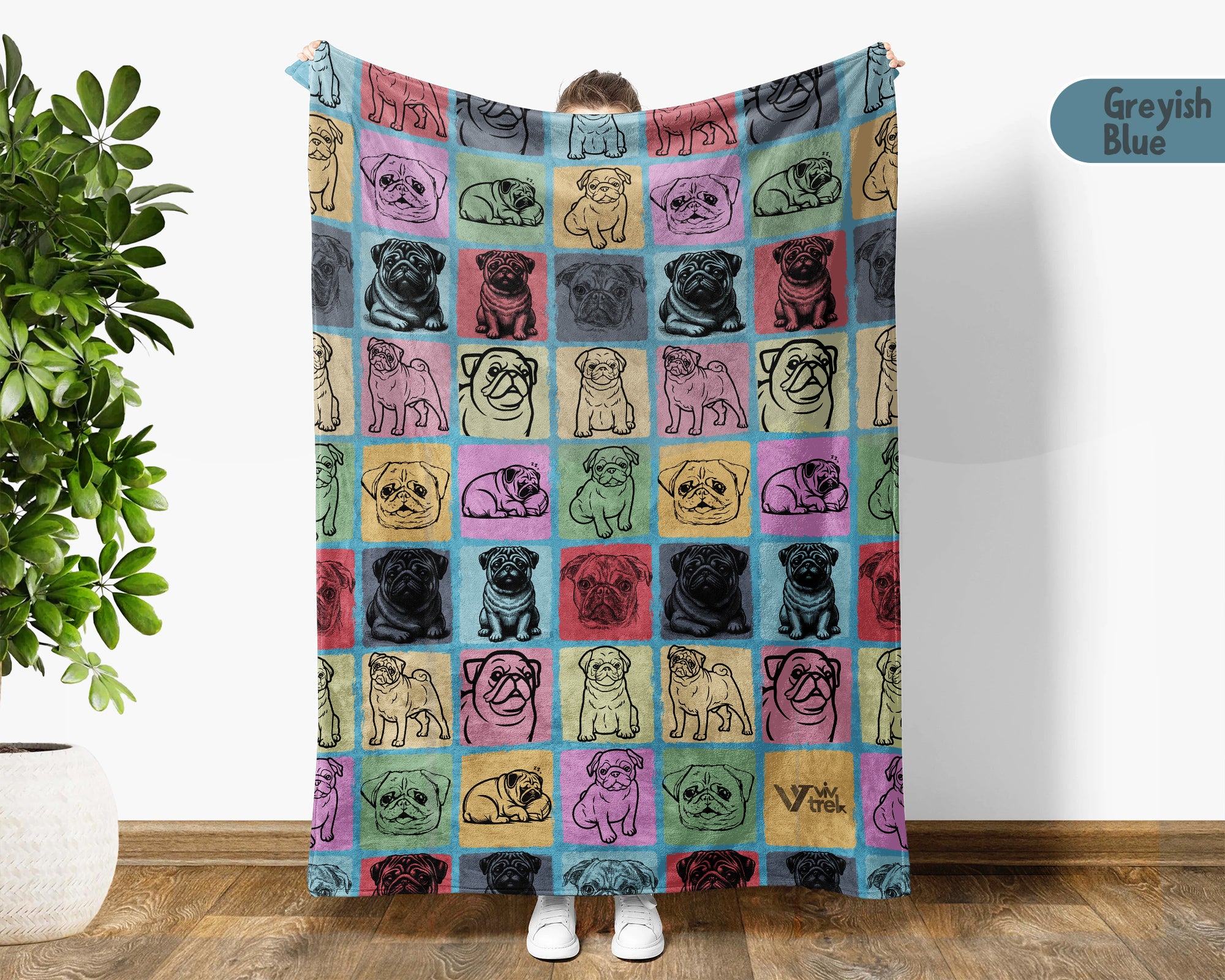 Pug Dog Blanket, Vintage Pug Lover Throw, Cozy Retro Dog Fleece Blanket, Unique Pet Lover Gift for Home and Kids