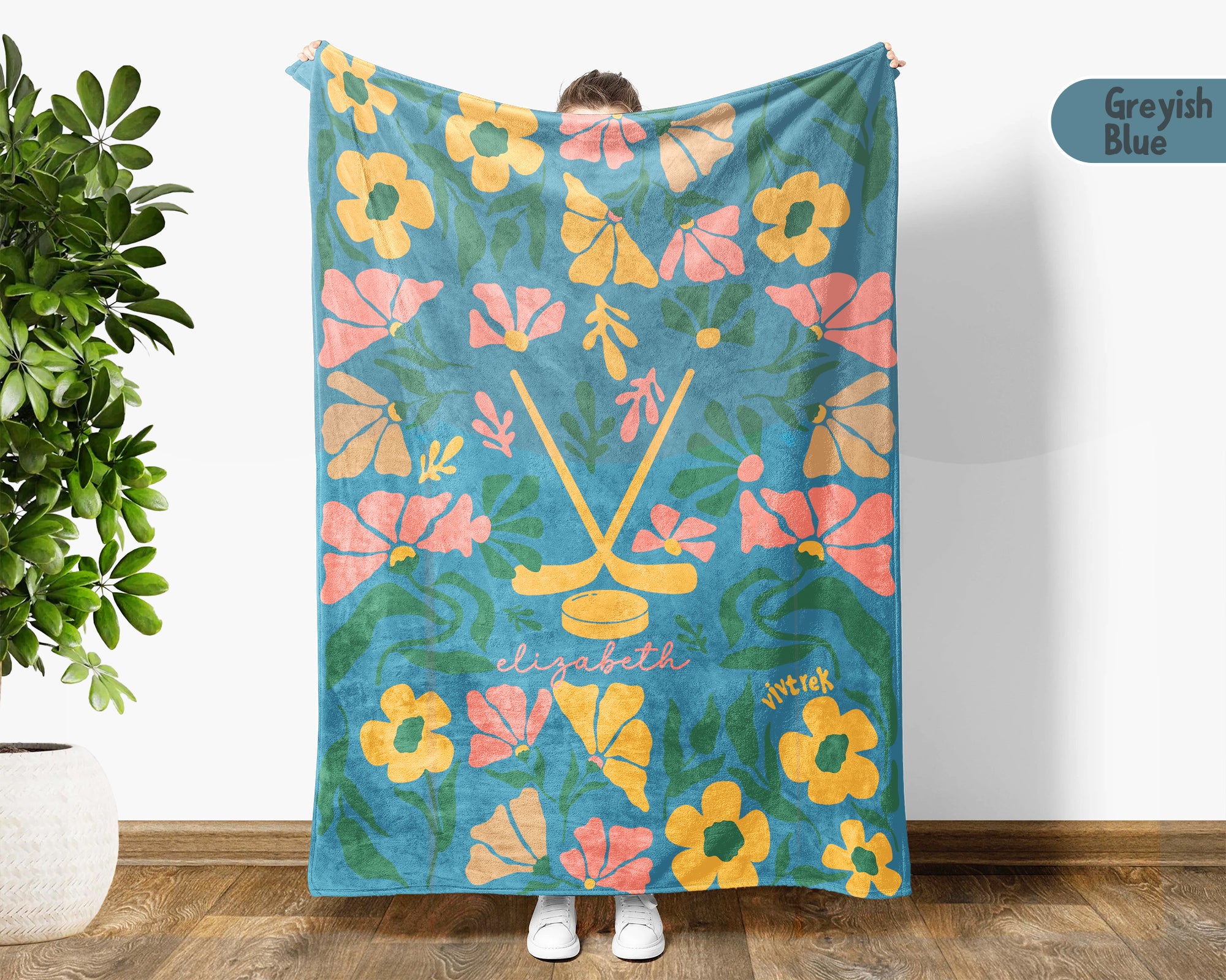 Custom Name Floral Ice Hockey Blanket, Personalized Cozy Wildflower Ice Hockey Throw for Kids Teens Adults, Sports Mom Gift