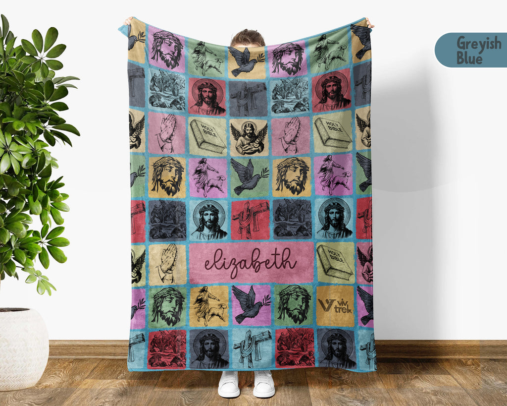 Custom Retro Christian Jesus Blanket Personalized Name, Cozy Faith Throw Gift for Believers, Religious Home Decor