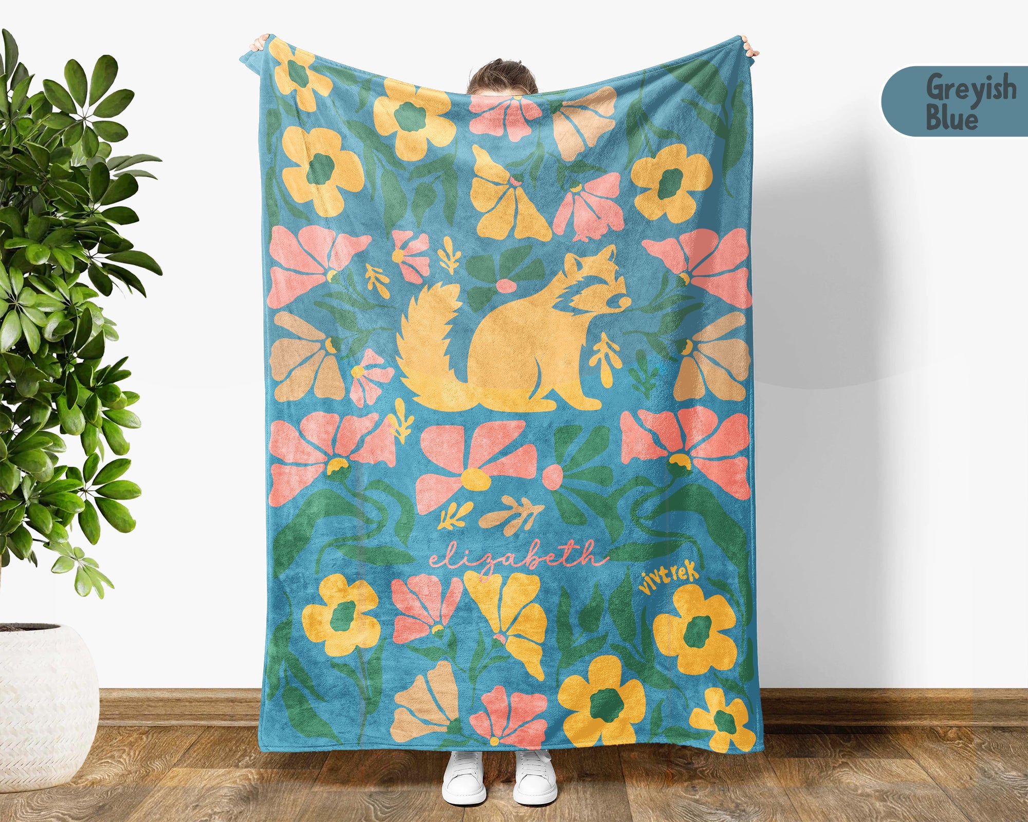Floral  Raccoon Blanket with Custom Name, Cute Woodland Animal Gift, Cozy Floral Throw for Kids Teens Adults
