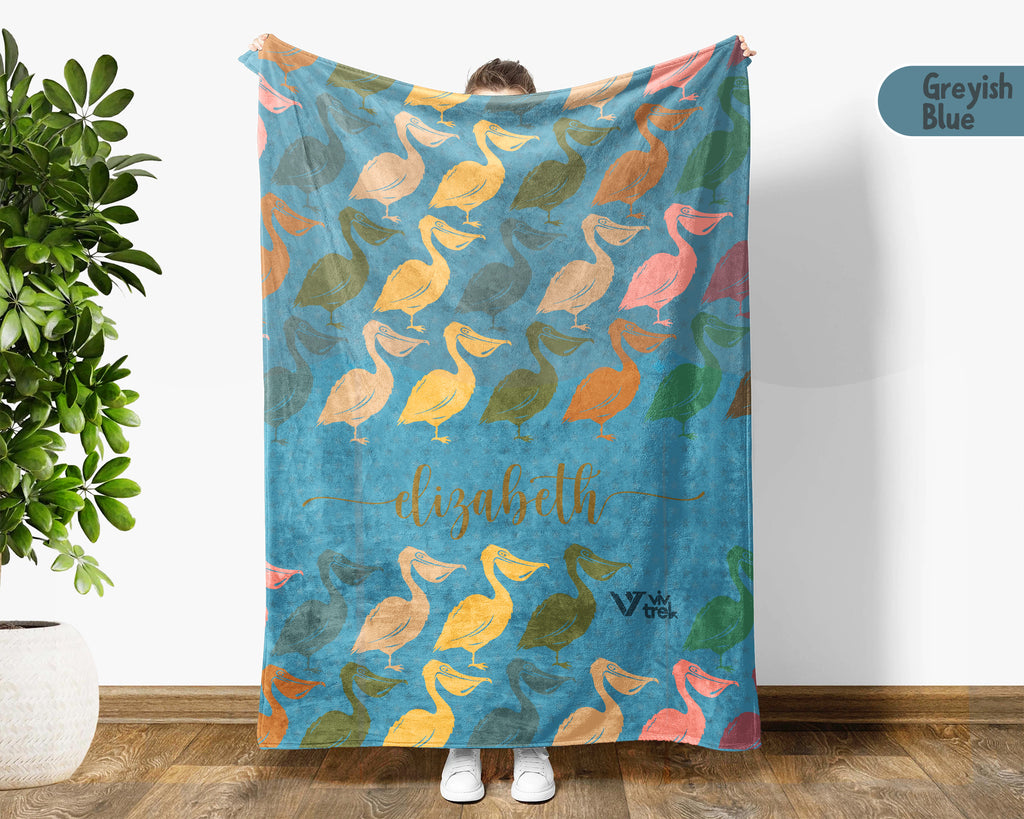 Custom Name Pelican Blanket, Cozy Retro Coastal Throw for Bird and Nature Lovers