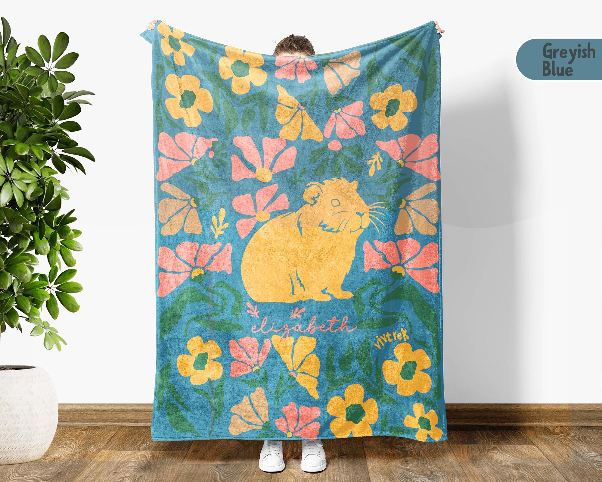 Floral Custom Name Guinea Pig Blanket, Floral Pet Lover Throw, Cozy Wildflower Blanket for Kids Teens Adults Gift