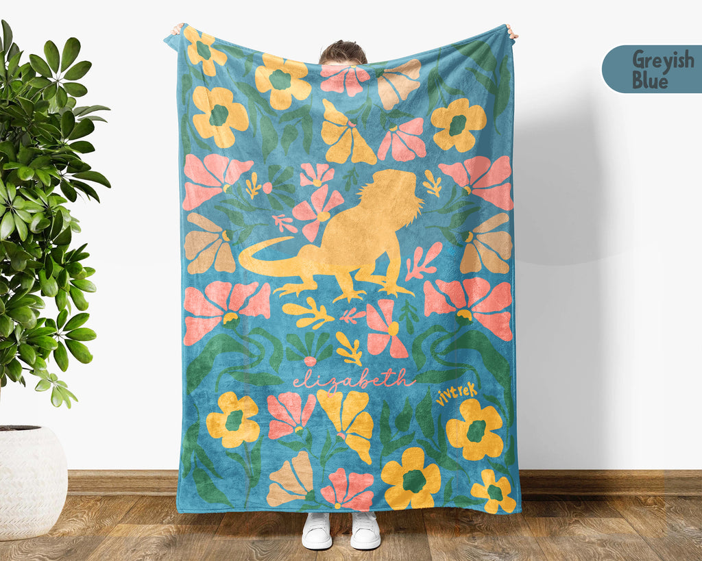 Floral Custom Name Bearded Dragon Blanket, Cozy Floral Lizard Throw for Kids Teens Adults, Cute Reptile Lover Gift