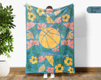 Custom Name Basketball Blanket, Cozy Floral Sports Throw for Hoop Fans