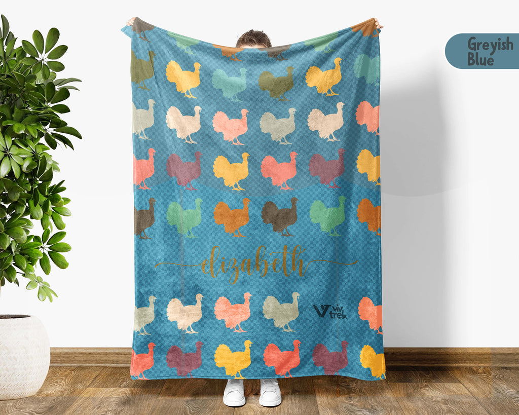 Custom Name Retro Turkey Blanket, Personalized Thanksgiving Throw for Cozy Fall Decor and Seasonal Holiday Gifts
