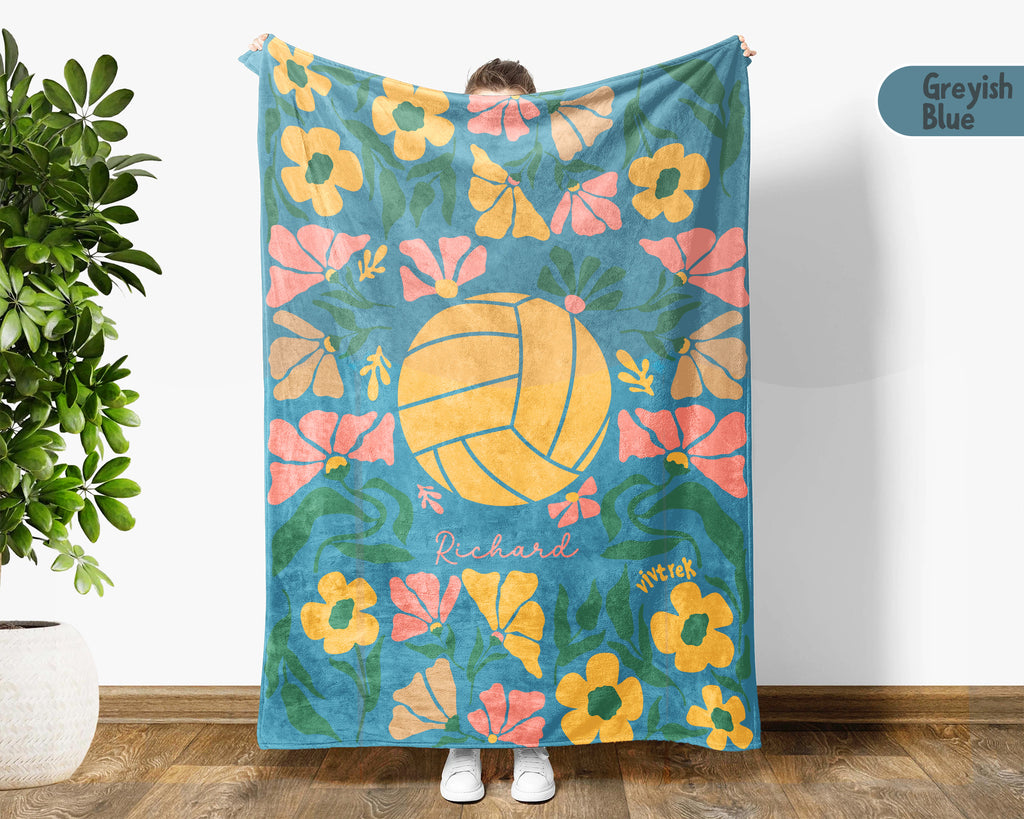 Custom Name Floral Volleyball Blanket, Sports Throw, Cozy Funny Volleyball Gift for Players and Fans Room Decor