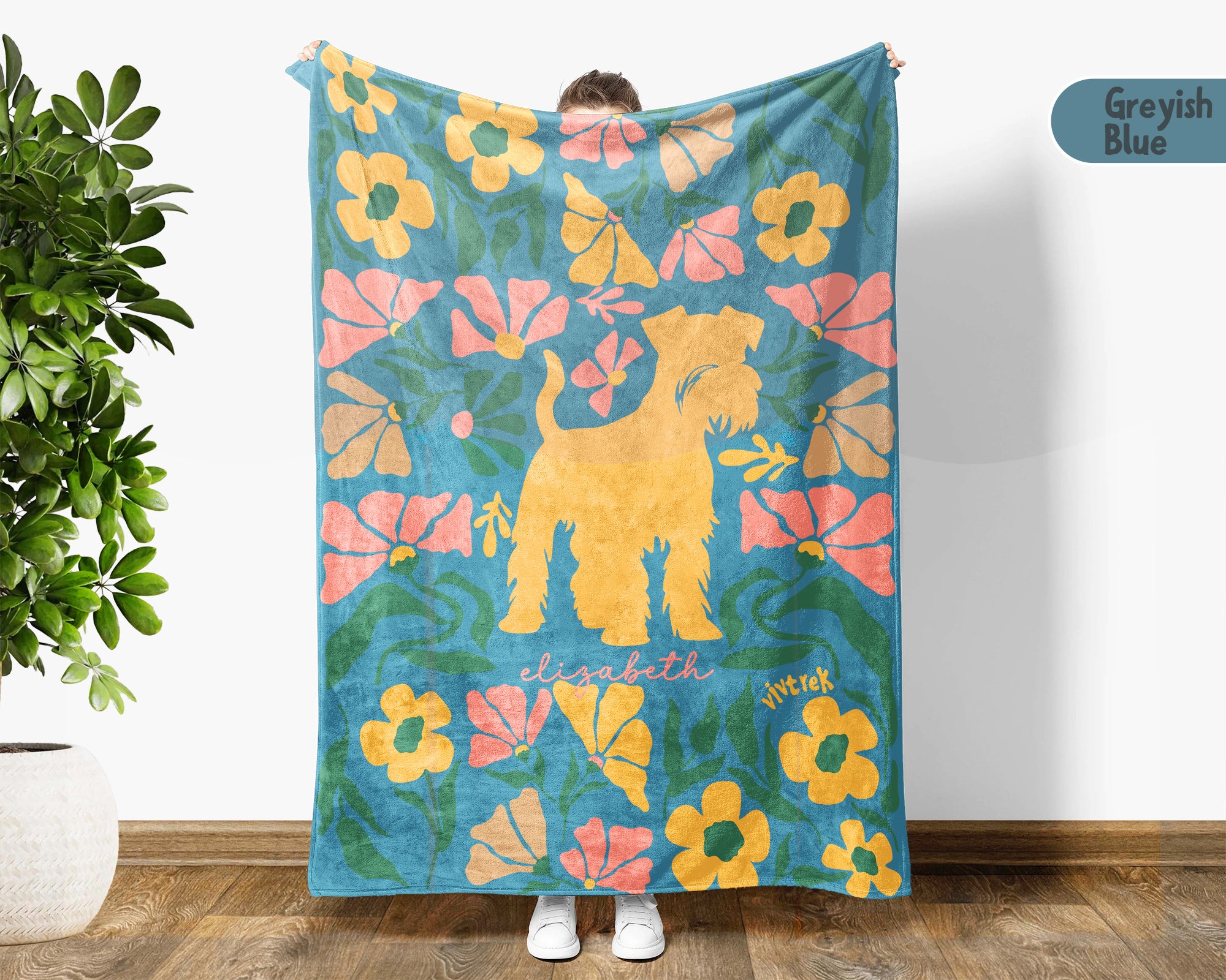 Custom Name Miniature Schnauzer Floral Blanket, Personalized Dog Throw, Cozy Vintage Schnauzer Gift for Pet Lovers