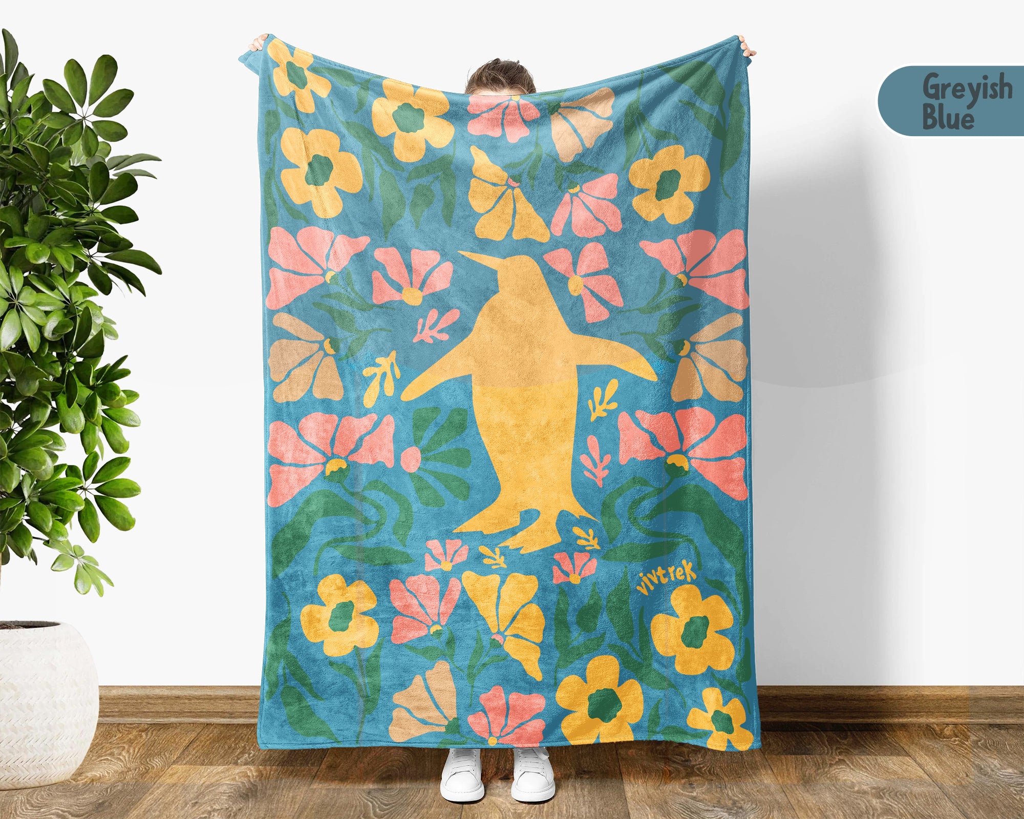 Floral Penguin Blanket – Cozy Vintage Ocean Animal Throw Gift
