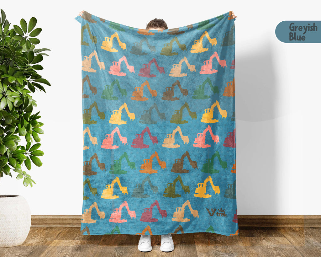 Retro Construction Equipment Blanket, Kids Truck Throw, Bulldozer Crane Loader Cozy Blanket, Vintage Machinery Gift for Boys Girls