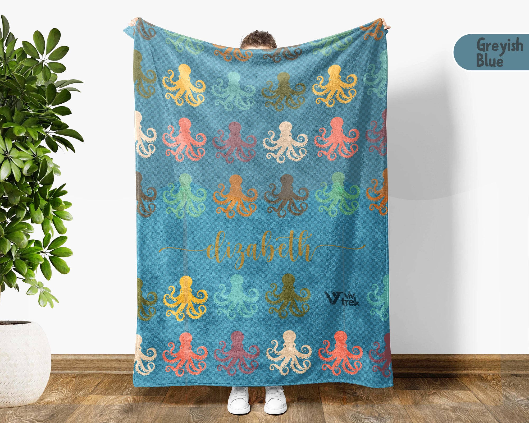 Personalized Octopus Lover Blanket Custom Name Retro Ocean Animal Throw Cozy Marine Life Fleece Gift Nautical Home Decor Accent
