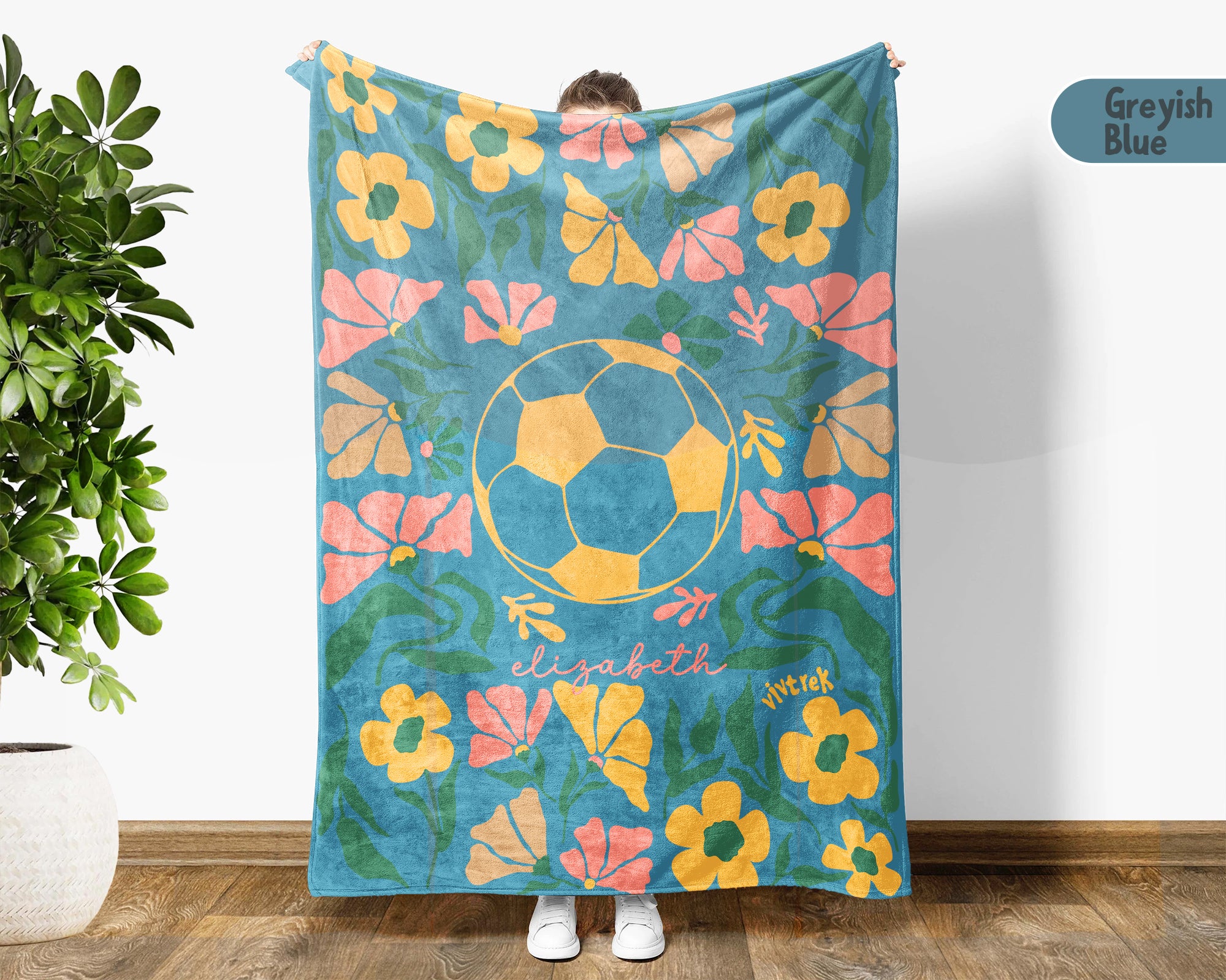 Custom Name Soccer Floral Blanket, Personalized Football Fan Throw, Cozy Sports Gift for Players and Soccer Lovers Room Decor