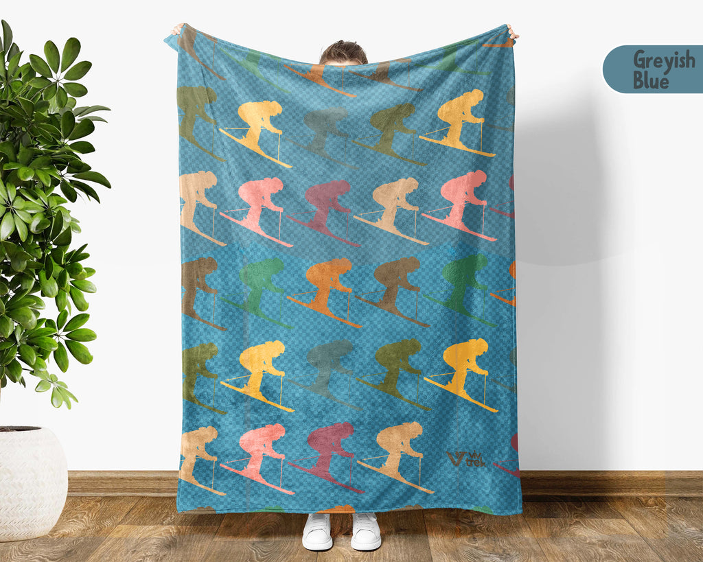 Retro Sking Lover Blanket Cozy Winter Sports Throw Warm Alpine Decor Unique Skier Gift for Snow Adventure Fans