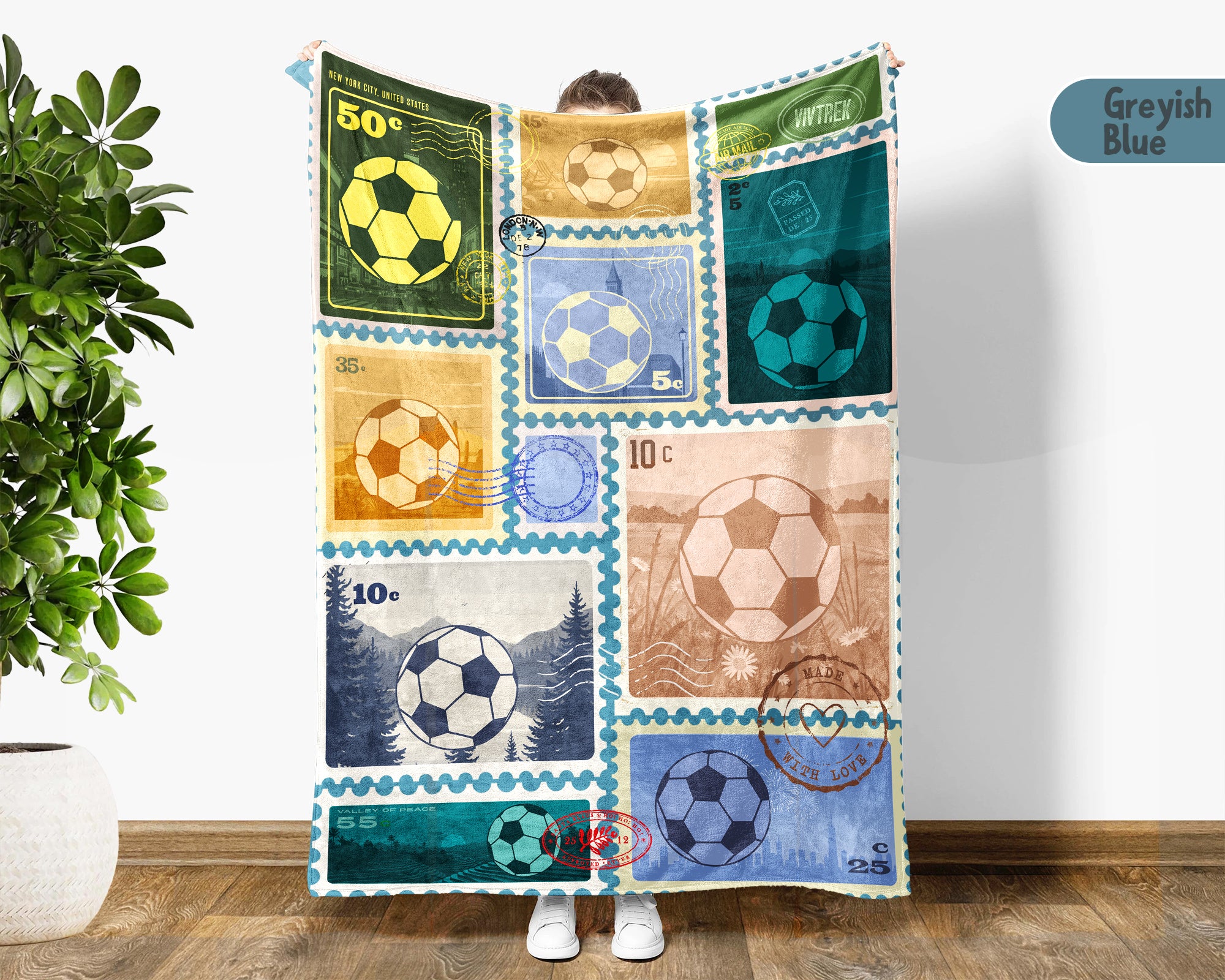 Soccer Lover Blanket Gift, Soccer Stamp Throw for Players, Cozy Unique Football Fan Decor, Cool Sports Graphic Blanket, Soccer Room Accent