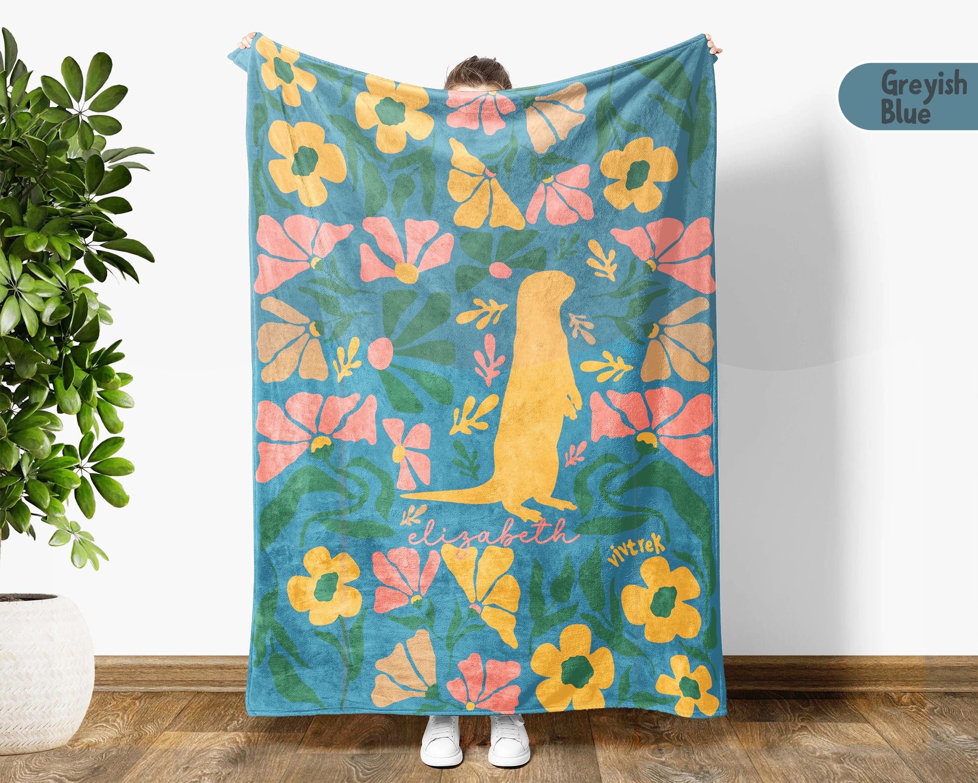 Personalized Floral Otter Blanket with Custom Name, Cozy Floral Throw for Kids Teens Adults, Cute Otter Lover Birthday Gift