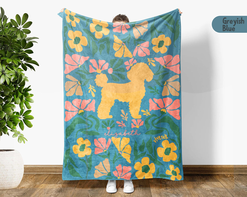 Custom Name Floral Poodle Blanket, Personalized Cozy Retro Puppy Throw, Vintage Dog Lover Gift for Teens Adults Dog Moms