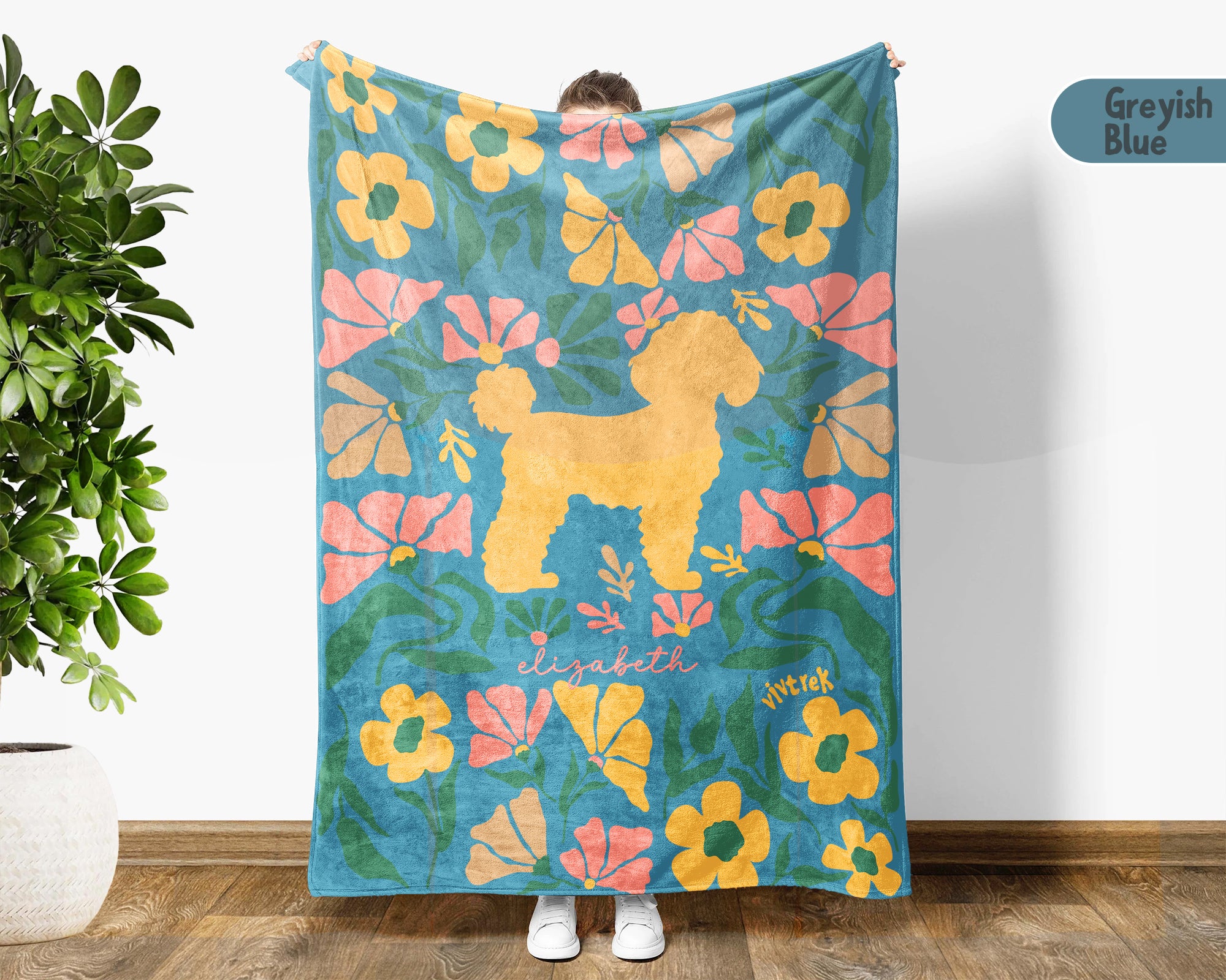 Custom Name Floral Poodle Blanket, Personalized Cozy Retro Puppy Throw, Vintage Dog Lover Gift for Teens Adults Dog Moms