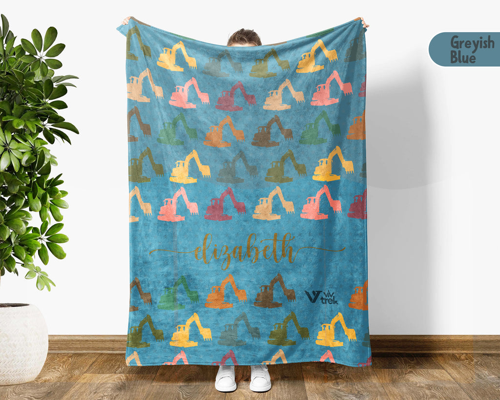 Personalized Construction Equipment Blanket Custom Name, Excavator Truck Throw for Kids Boys, Cozy Builder Gift Decor