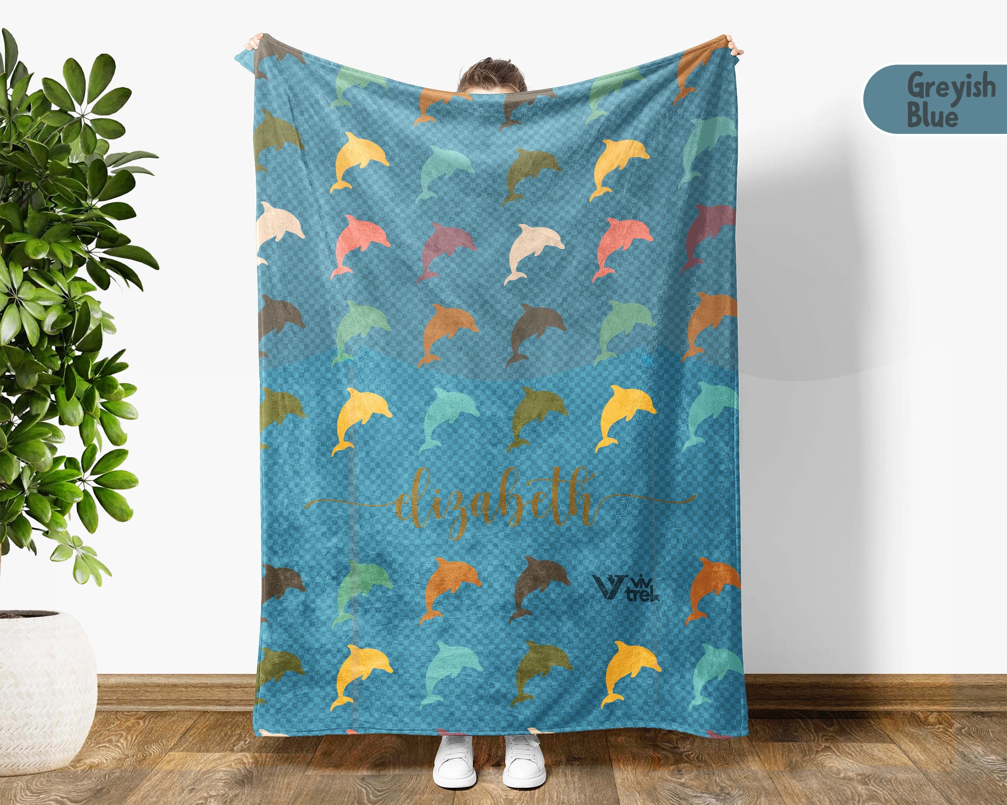 Personalized Dolphin Lover Blanket Custom Name Vintage Ocean Throw Cozy Marine Life Fleece Gift Retro Sea Animal Home Decor Accent