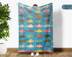 Retro Fishing Lover Blanket for Anglers, Cozy Fish Throw Gift for Fisherman Dad and Rustic Outdoor Cabin Style