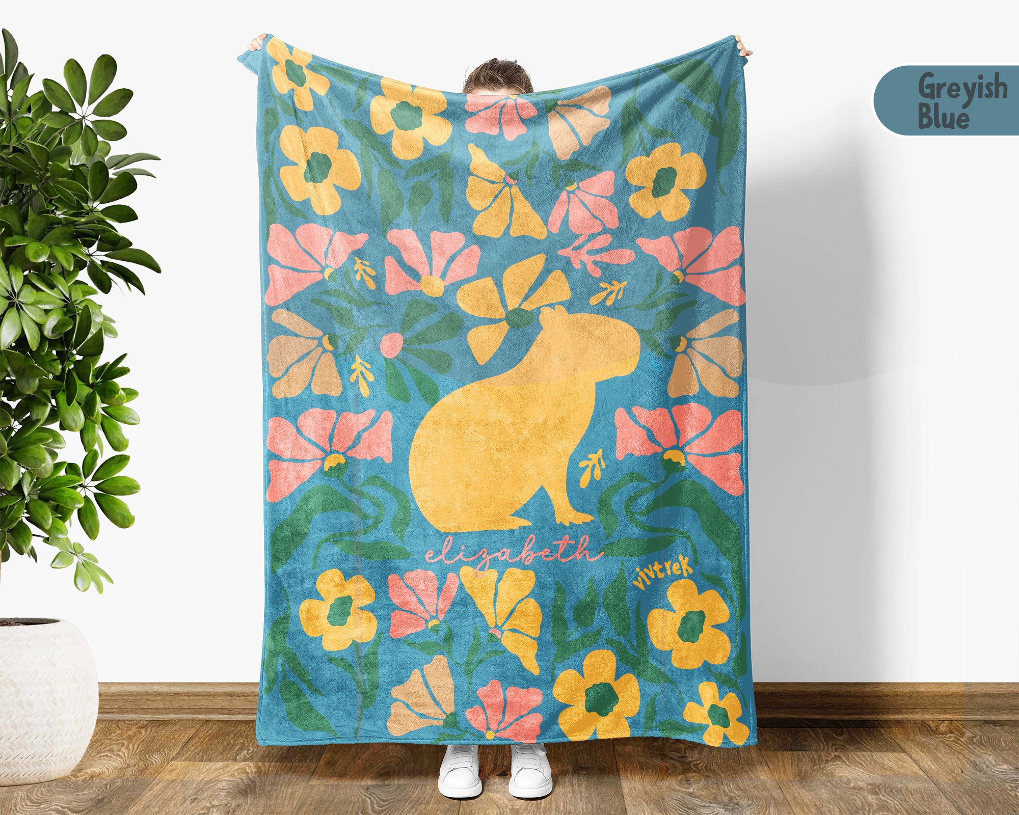 Floral Custom Name Capybara Blanket, Cozy Floral Capybara Throw Gift for Kids Teens Adults, Perfect Birthday Animal Gift