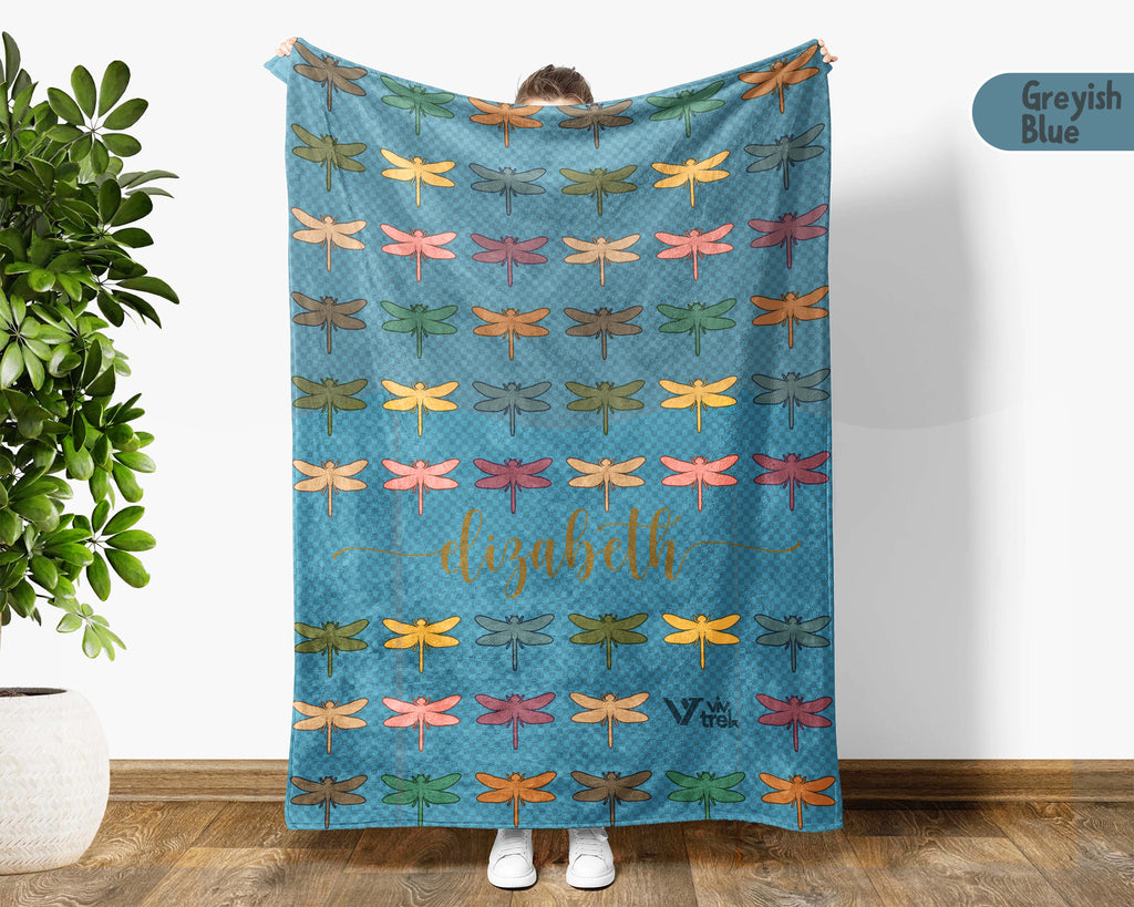 Personalized Dragonfly Throw Custom Name Insect Lover Blanket Retro Winged Bug Design Nature Gift for Her Cozy Home Accent Decor