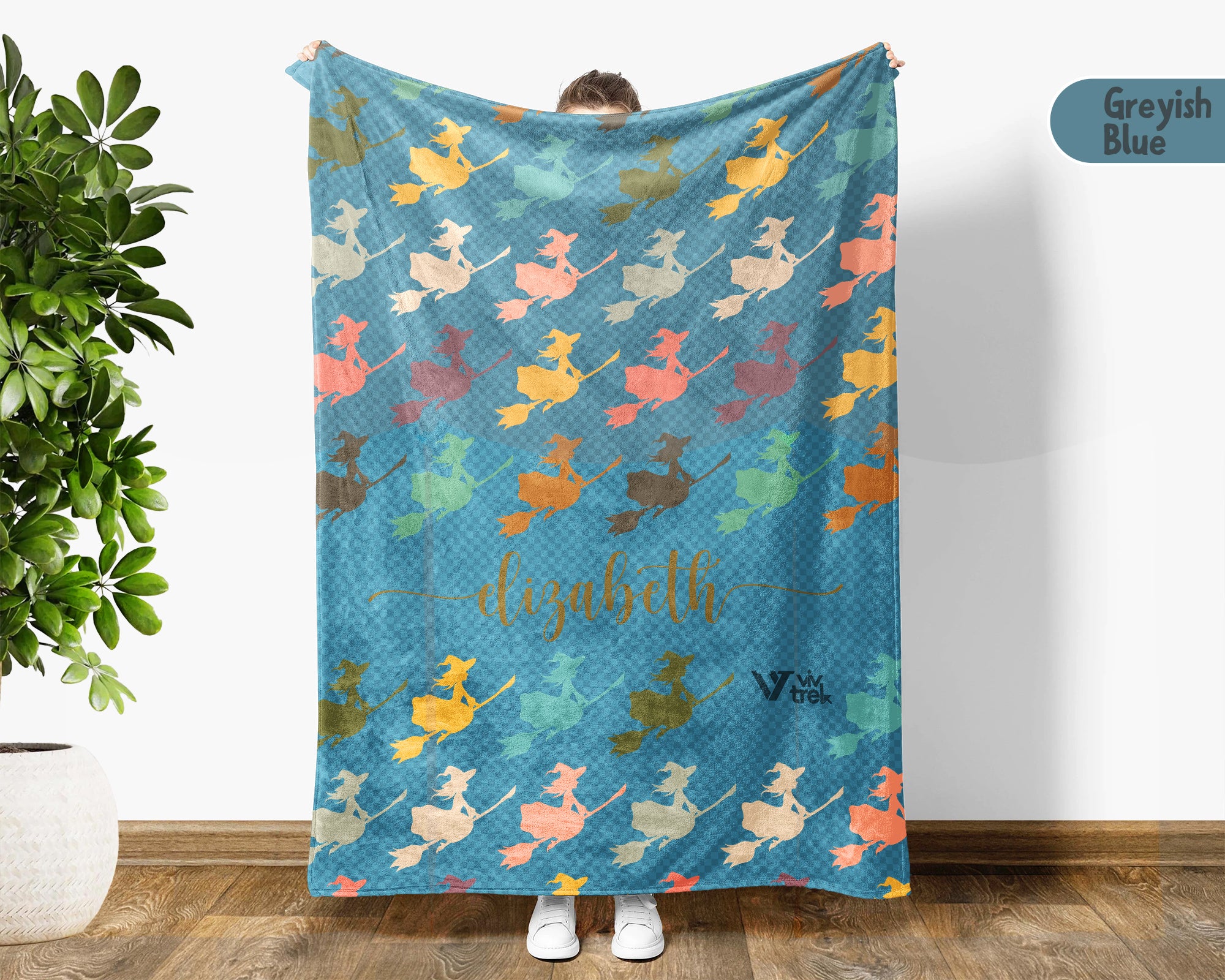Custom Name Retro Witch Blanket, Personalized Halloween Throw for Cozy Gothic Decor and Magical Autumn Home Spaces