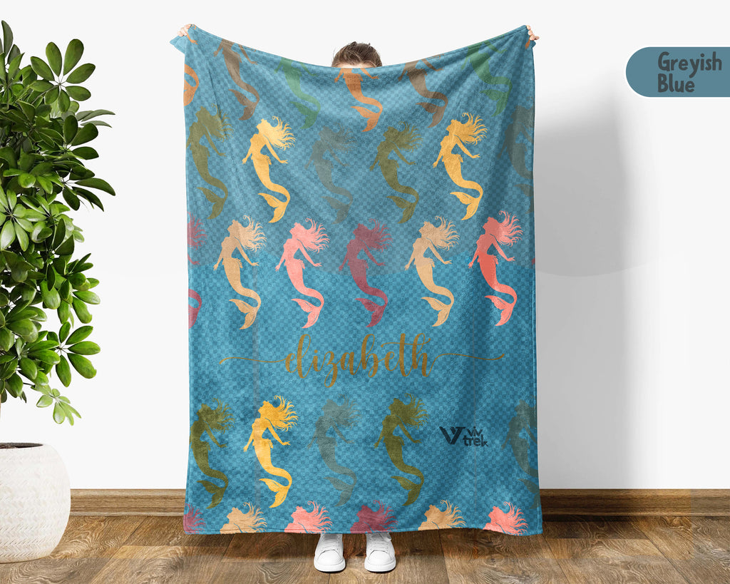 Personalized Mermaid Blanket with Custom Name Cozy Fantasy Ocean Throw for Kids Girls Cute Gift Magical Bedroom Decor