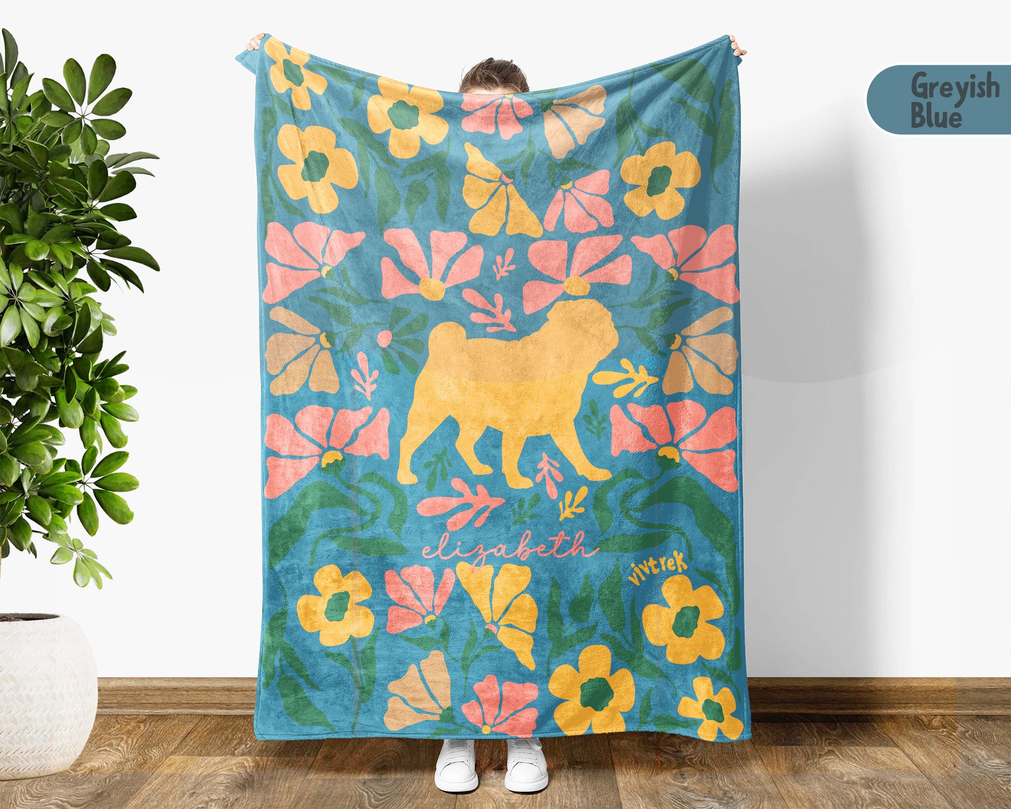 Custom Name Floral Pug Blanket, Personalized Cozy Wildflower Pug Throw for Kids Teens Adults, Dog Mom Birthday Gift