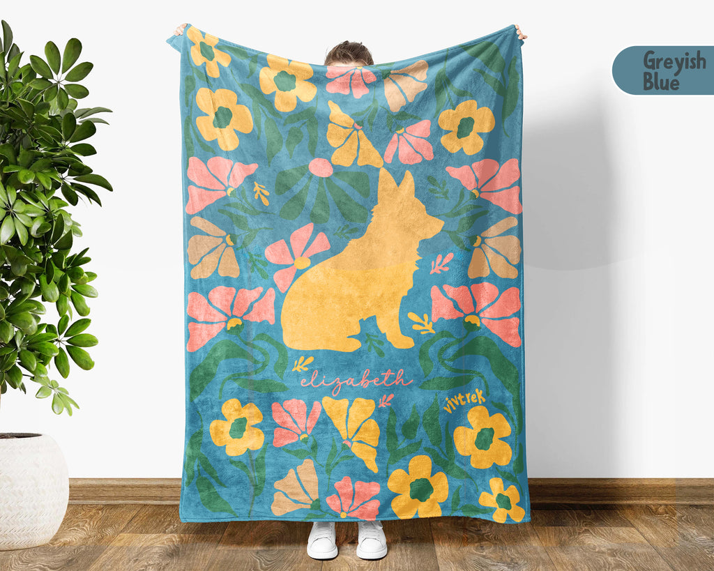 Personalized Name Floral Corgi Blanket, Cozy Dog Lover Throw for Home