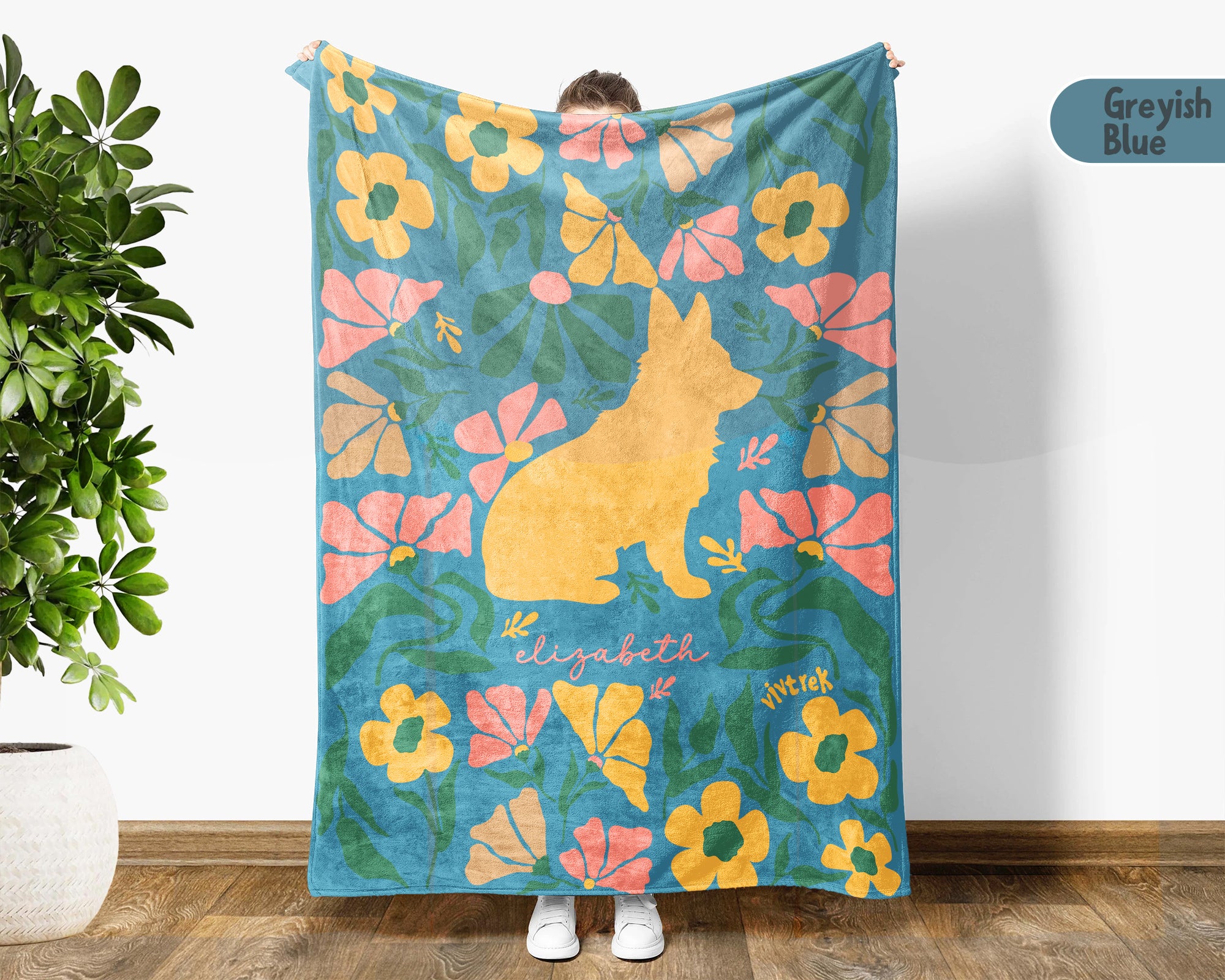 Personalized Name Floral Corgi Blanket, Cozy Dog Lover Throw for Home