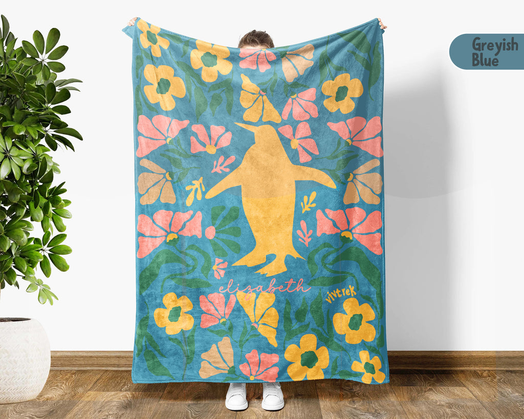 Personalized Name Floral Penguin Blanket, Cozy Floral Throw for Kids Teens Adults, Cute Penguin Lover Gift